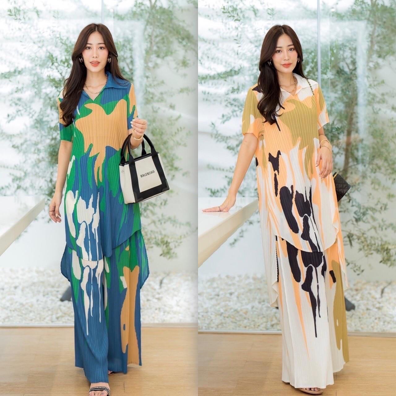 ชุดเซตผ้าอัดพลีท AA Premium เสื้อแขนสั้น คอปก ตัวยาว เพิ่ม ลูกเล่น ด้วย แพตเทิร์น หน้าสั้น หลังยาว ให้ดูมีมิติ ฟรุ๊งฟริ๊ง สวยมว้ากกก กางเกงเอวสมอค อัดพลีส ทรงขาบาน สวยงาม : สินค้าคุณภาพ (พร้อมส่ง)