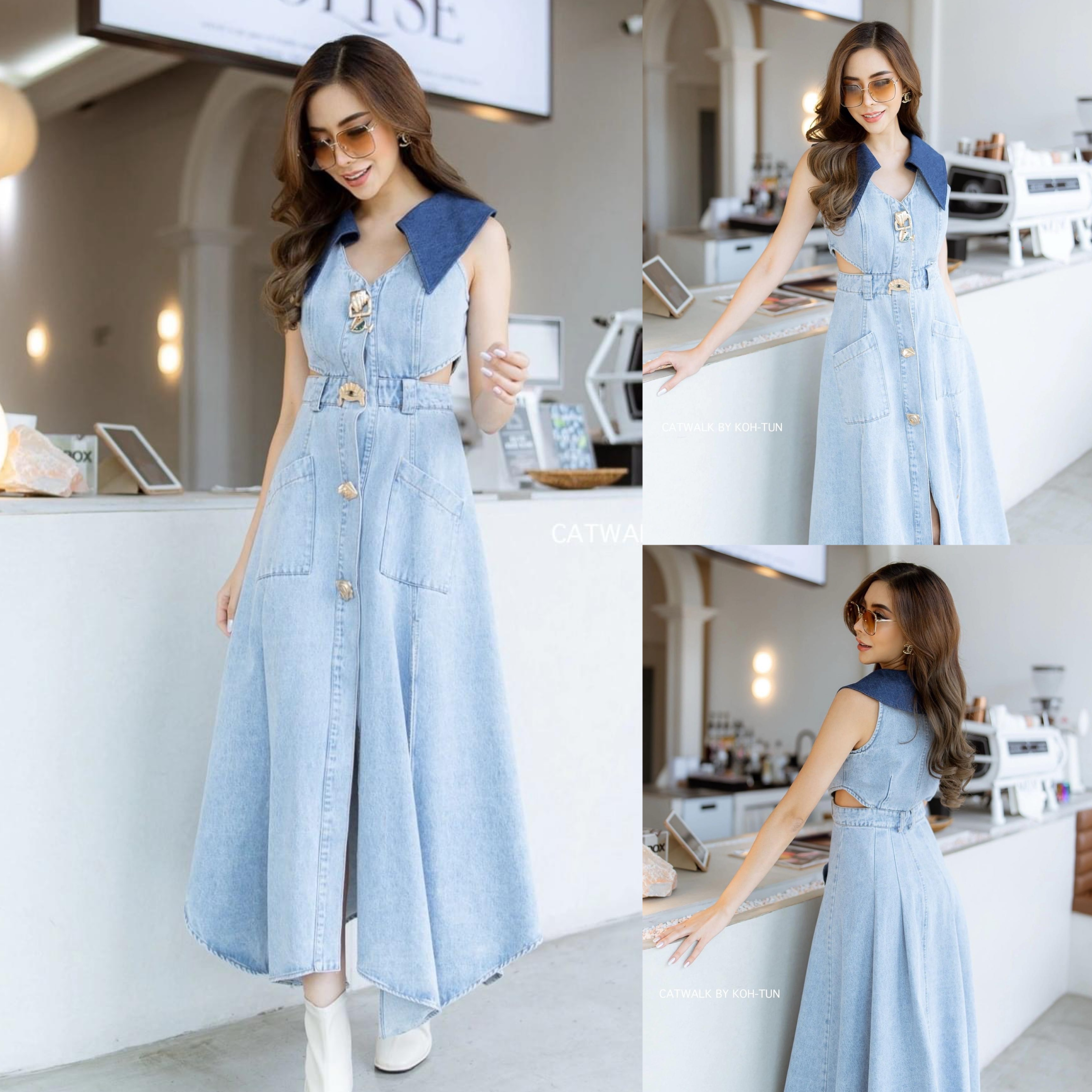 แม็กซี่เดียวรสยีนส์เว้าเอว ผ้ายีนส์ฟอกสี ตัวชุดช่วงบนเป็นทรงเข้ารูปแขนกุด ใส่สบาย สินค้าคุณภาพ (พร้อมส่ง)