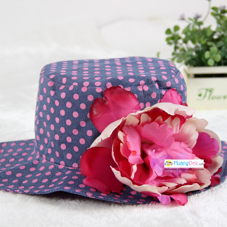 หมวกปีกเด็กหญิงลายจุด ติดดอกไม้ใหญ่ สำหรับเด็กวัย 2-5 ขวบ
