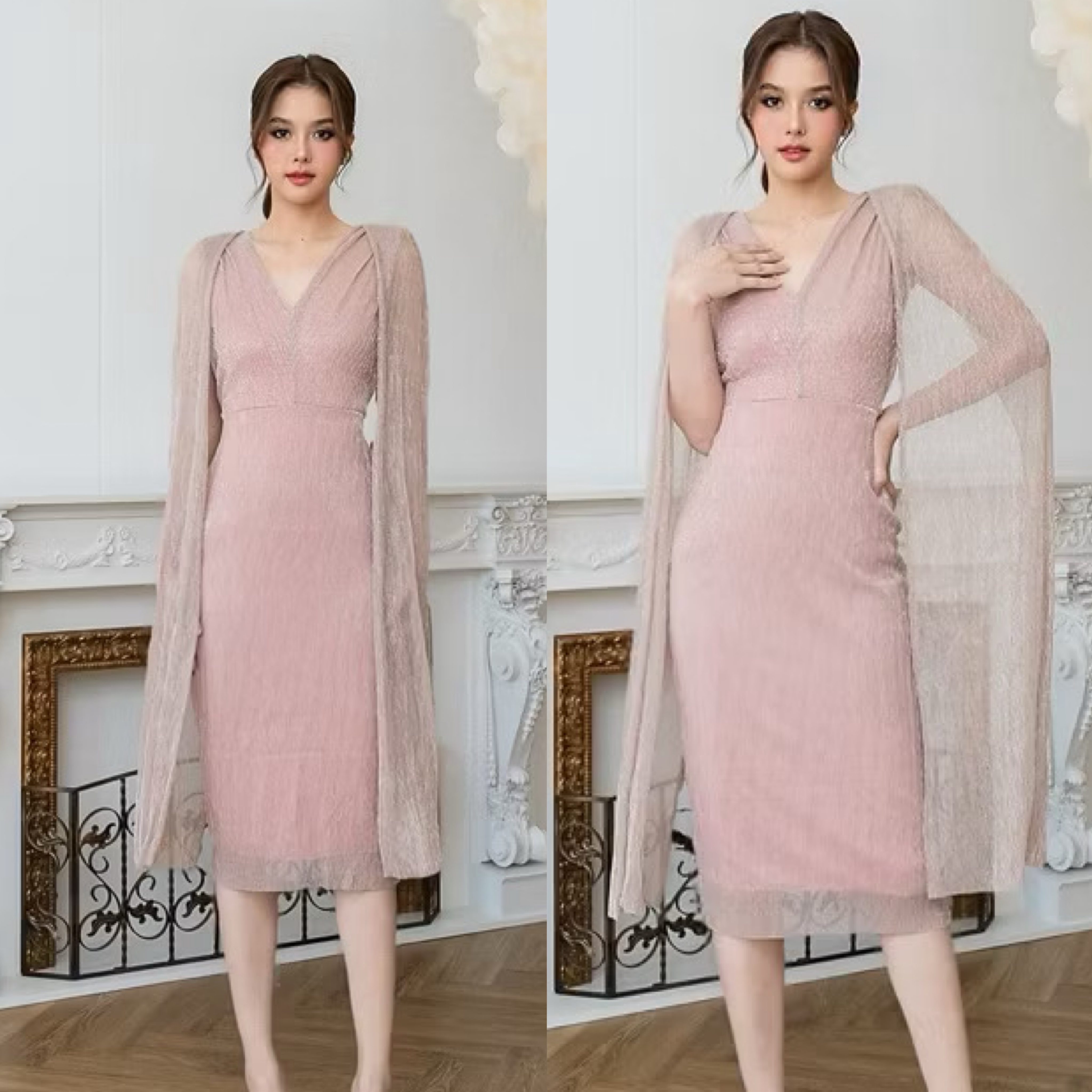 เดรส เสื้อคอวี กระโปรงทรงสอบเข้ารูป : แขนเสื้อเป็นผ้าคลุม ลูกเล่นผ่าด้านใน เพื่อความกรุยกราย มีซิปซ่อนและซับในเต็มตัว ใส่สบาย : สินค้าคุณภาพ (พร้อมส่ง)