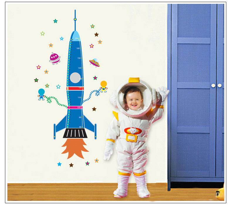 สติกเกอร์แต่งห้อง DIY ลายจรวดวัดส่วนสูง ใส่รูปใบหน้าได้ ลอกออกแล้วติดซ้ำได้