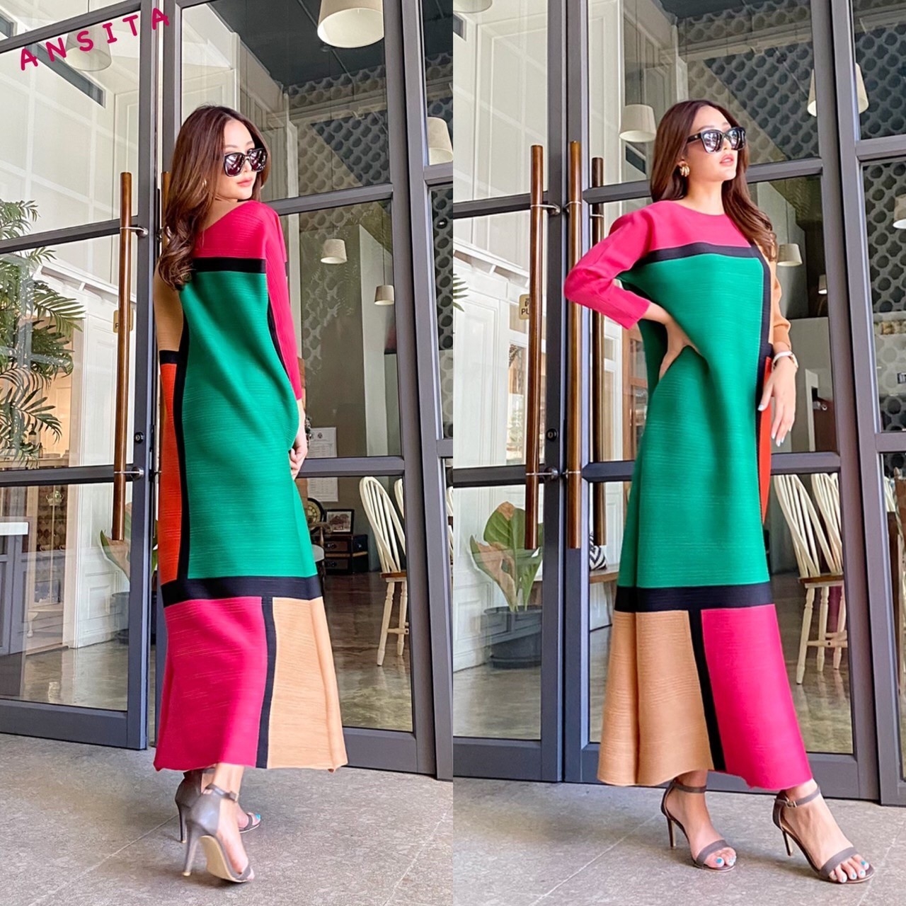 Dress อัดพลีท 100% เนื้อเดียวกับงานแบรนด์ 🤗 ดีไซด์ตัวยาว แขนยาว อัดพลีทแน่นๆ แต่งความหรูด้วย การเล่น 🔷🔶สีตัดสีเหลี่ยมใหญ่สุดคลาสิค . สินค้าคุณภาพ (พร้อมส่ง)