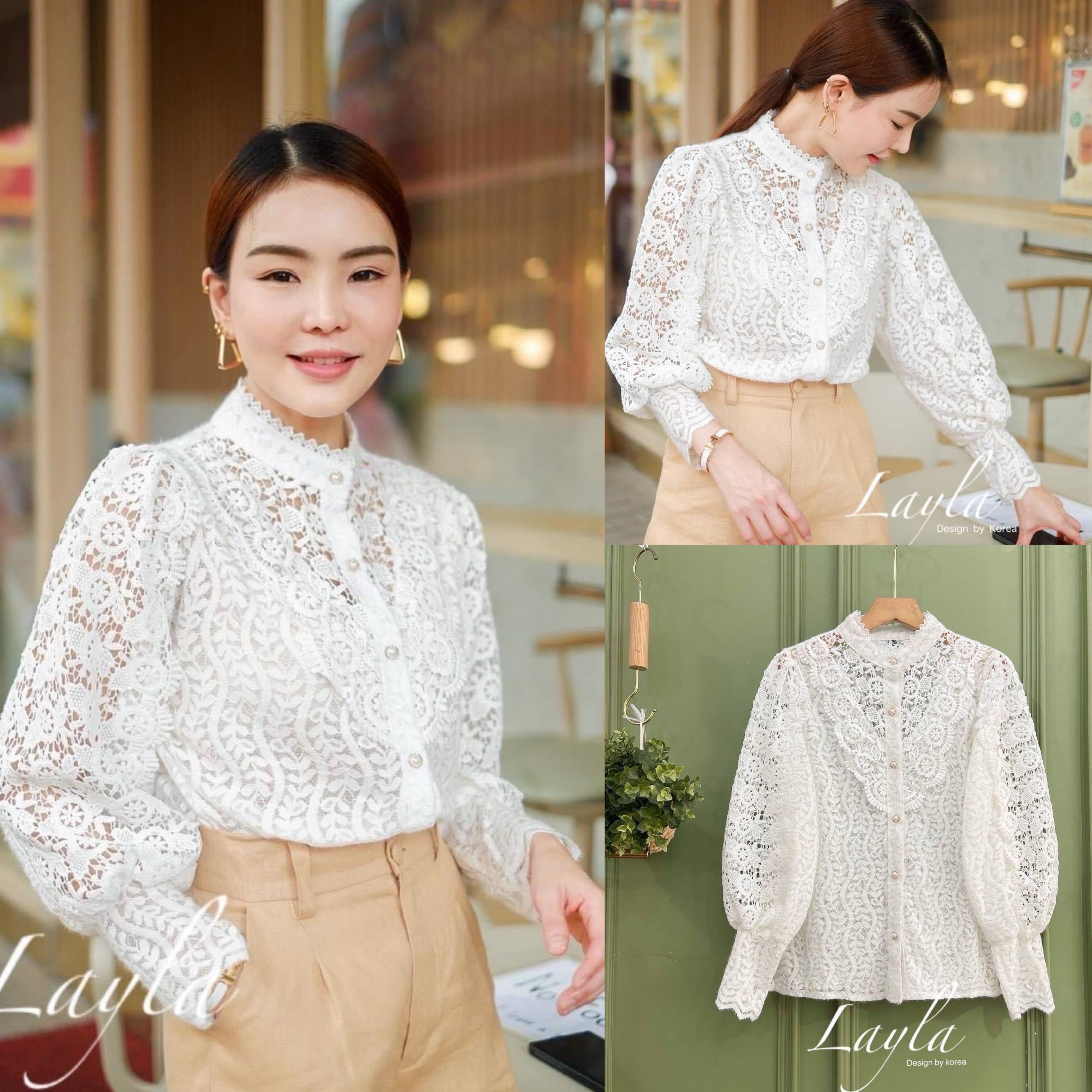 เสื้อลูกไม้สวยหรู ทรงเชิ้ตคอปิดกระดุมมุก หรูหรา ผ้าลูกไม้เนื้อนุ่มใส่สบาย แต่ลูกไม้ เกรดพรีมีช่วงอกและแขน งานสวยมากกก ใส่สบาย : สินค้าคุณภาพ (พร้อมส่ง)