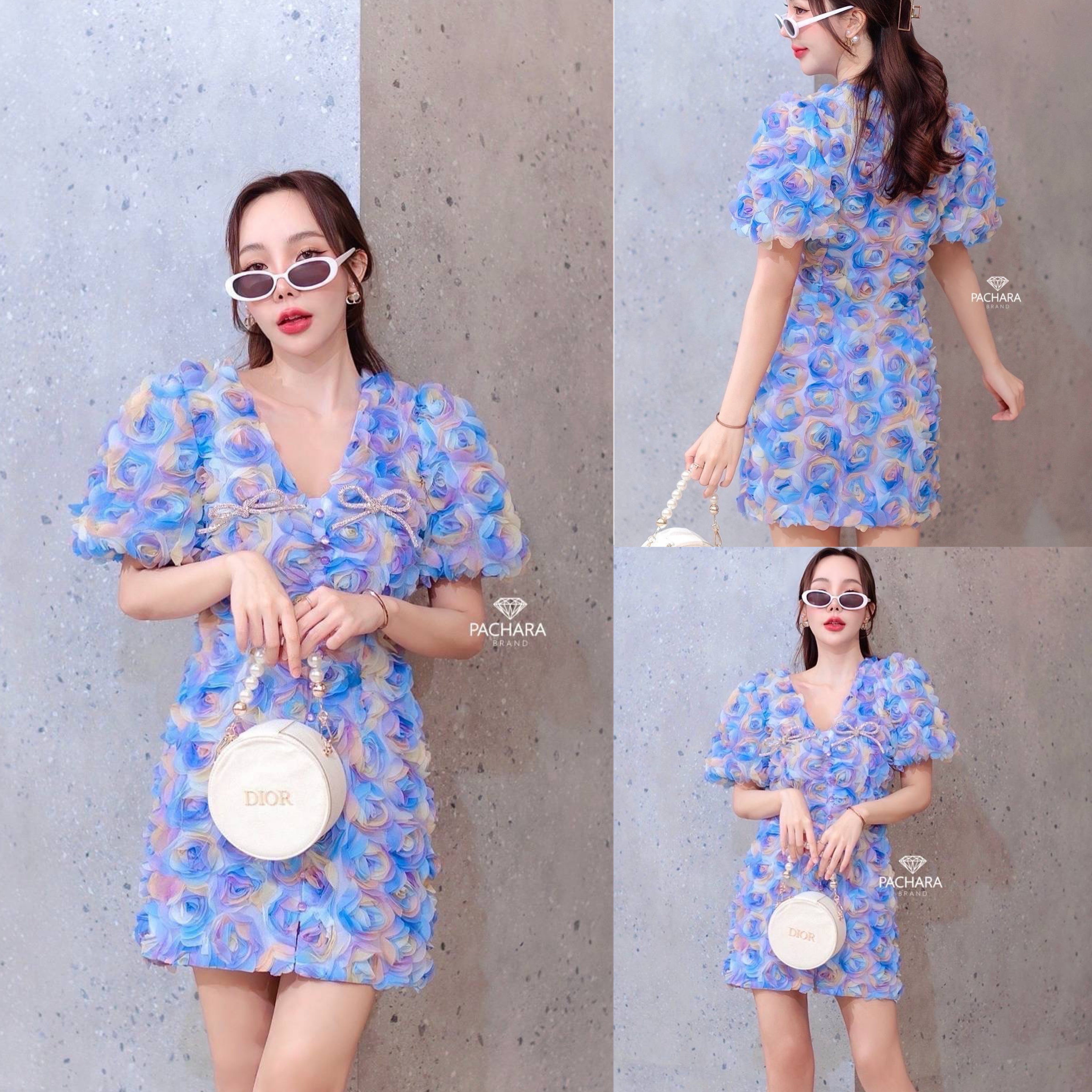 เดรสสั้นคอวีแขนตุ๊กตาสีม่วงพาสเทล ปักดอกกุหลาบ 3D อัดแน่นหลายร้อยดอกทั้งชุด มาพร้อมเข็มกลัดโบว์สีเงินสองข้าง ใส่สบาย สินค้าคุณภาพ (พร้อมส่ง)