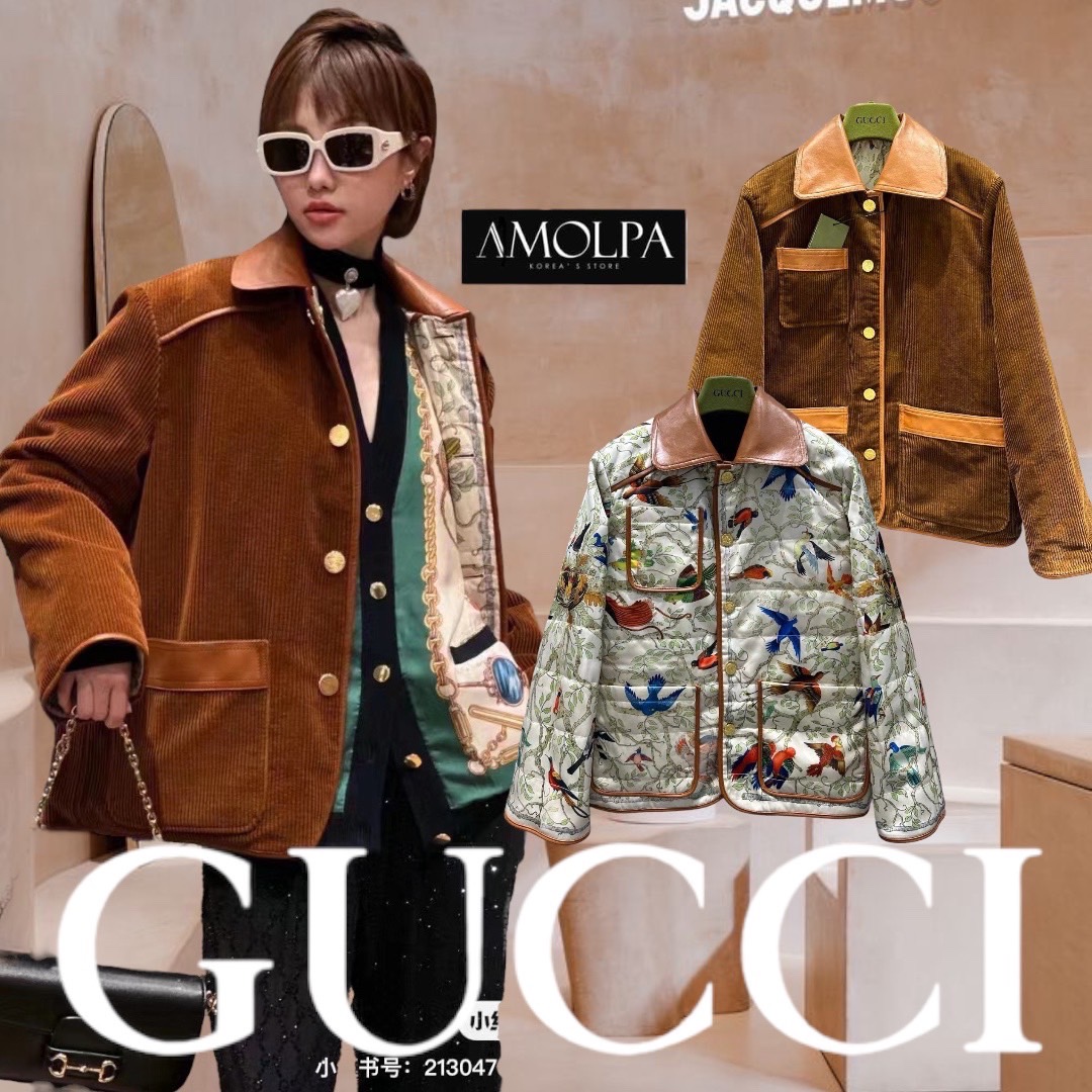 JACKET GG งานใส่ได้2ด้าน อีกด้านเป็นงานผ้าลูกฟูกสีน้ำตาล อีกด้านเป็นผ้าลาย GUCCI งานผ้าอย่างดี หนานุ่ม เหมือนช๊อปเด๊ะ : สินค้าคุณภาพ (พร้อมส่ง)