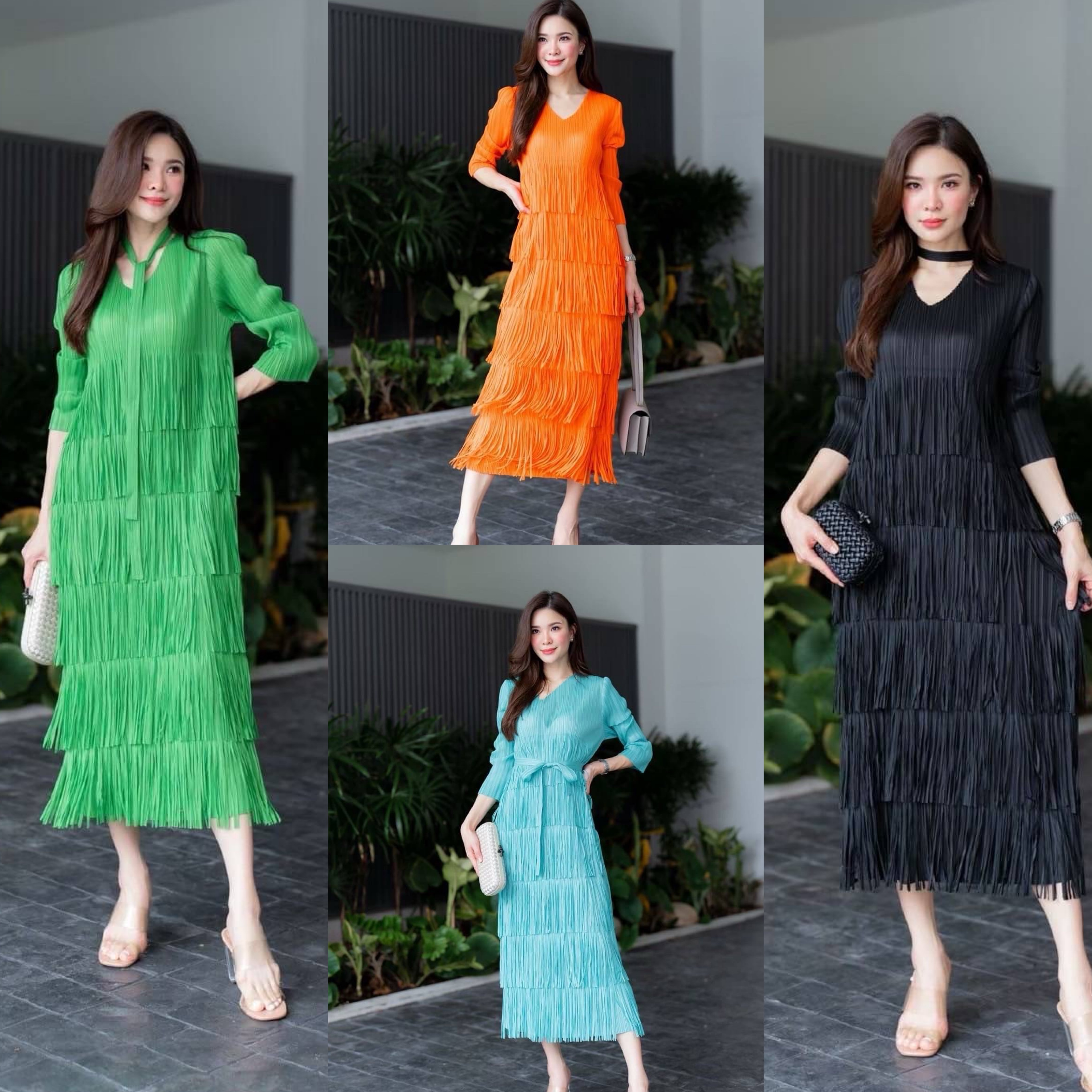 เดรสอัดพลีท คอวี แขนยาว แพตเทิร์นดีงามมว้ากเล่นระดับ ชายพู่ ถึง 6 ชั้น ได้อย่างลงตัว ฟรุ๊งฟริ๊ง ใส่สบาย : สินค้าคุณภาพ (พร้อมส่ง)