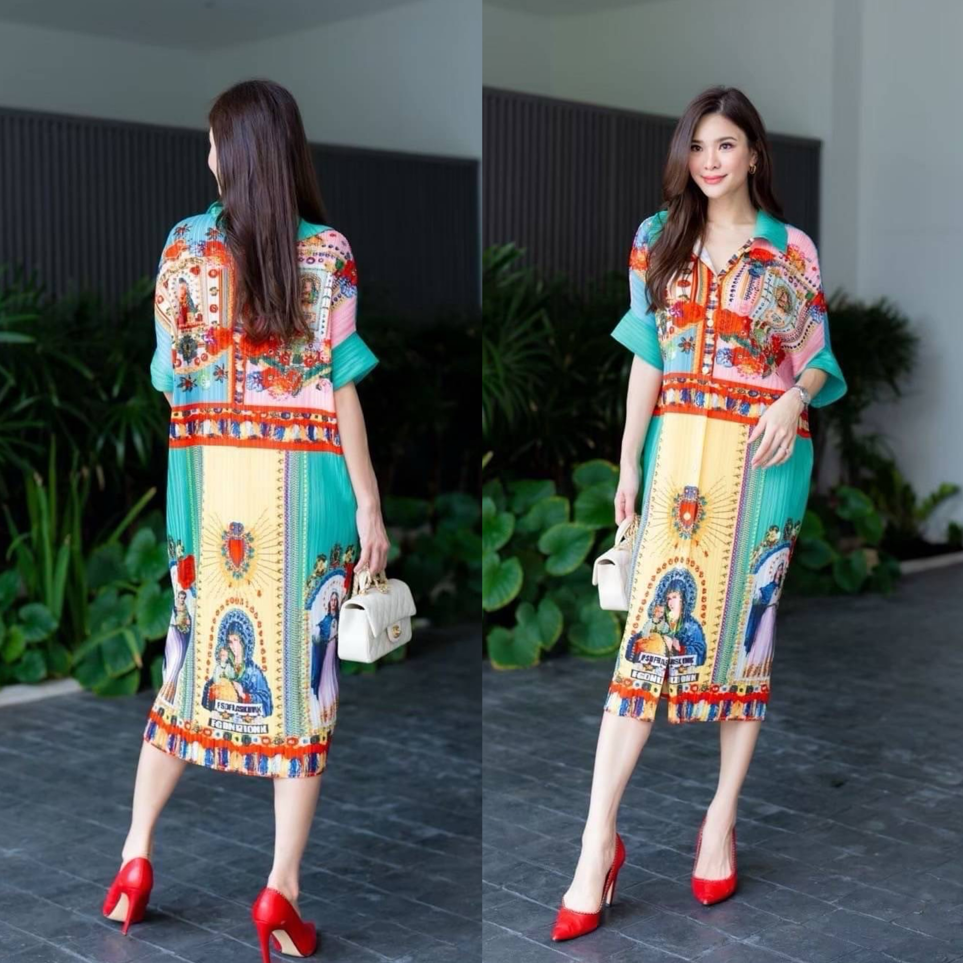 เดรสพลีทตัวยาวคอปกใหญ่ ทรงไหล่ล้ำ พับแขนเบิ้ล เกร๋กรู๊ดดด งานอัดพลีท 100% พลีท AA Premium 🎡🎢 ลายกราฟฟิค ใส่สบาย : สินค้าคุณภาพ (พร้อมส่ง)