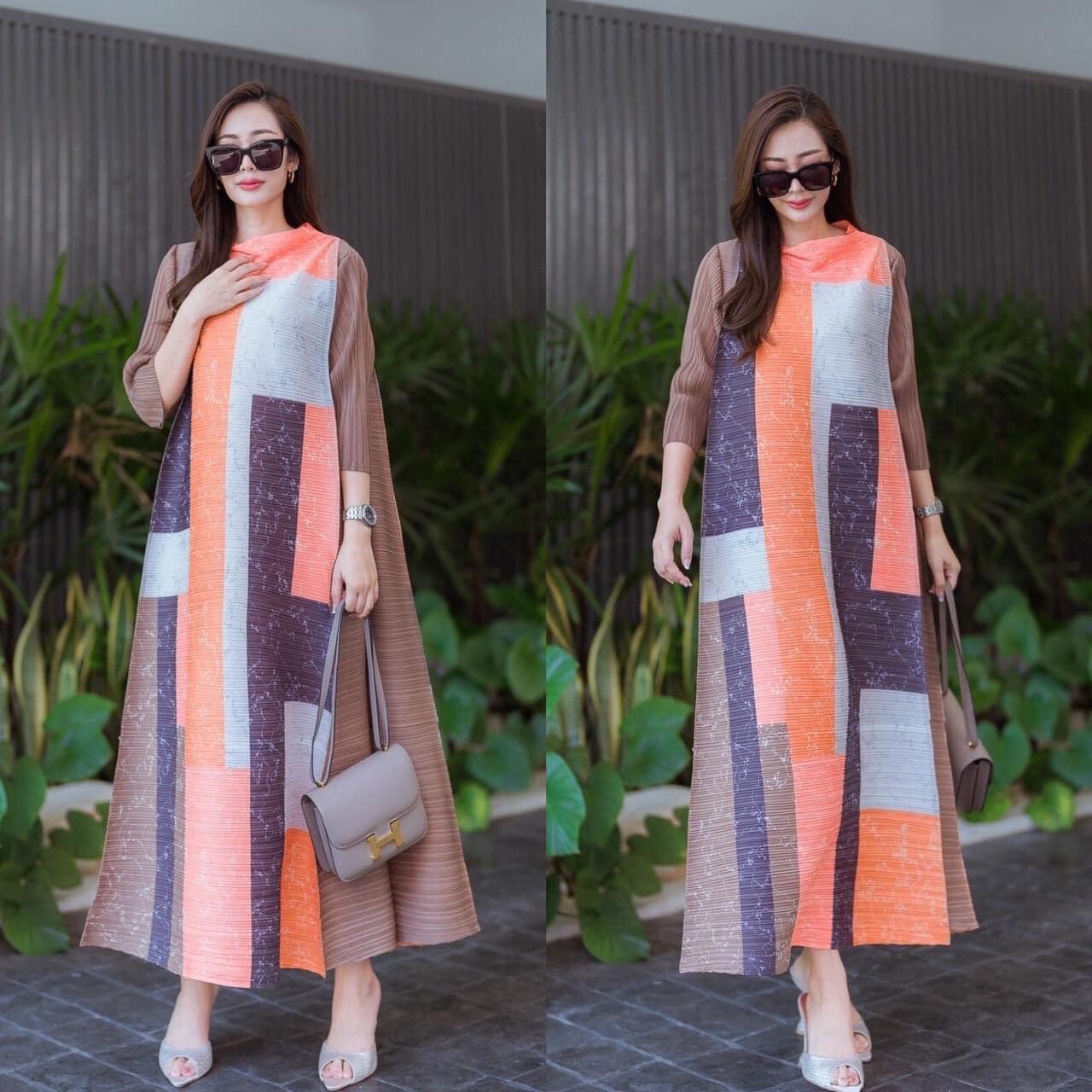 แม็กซี่เดรสตัวยาว งานอัดพลีท AA Premium สวยไฮโซ ทรงคอปีนรอบตัว แพทเทิร์นตั้งฉาก 6 เหลี่ยม ตีเกร็ดรอบตัว สินค้าคุณภาพ (พร้อมส่ง)