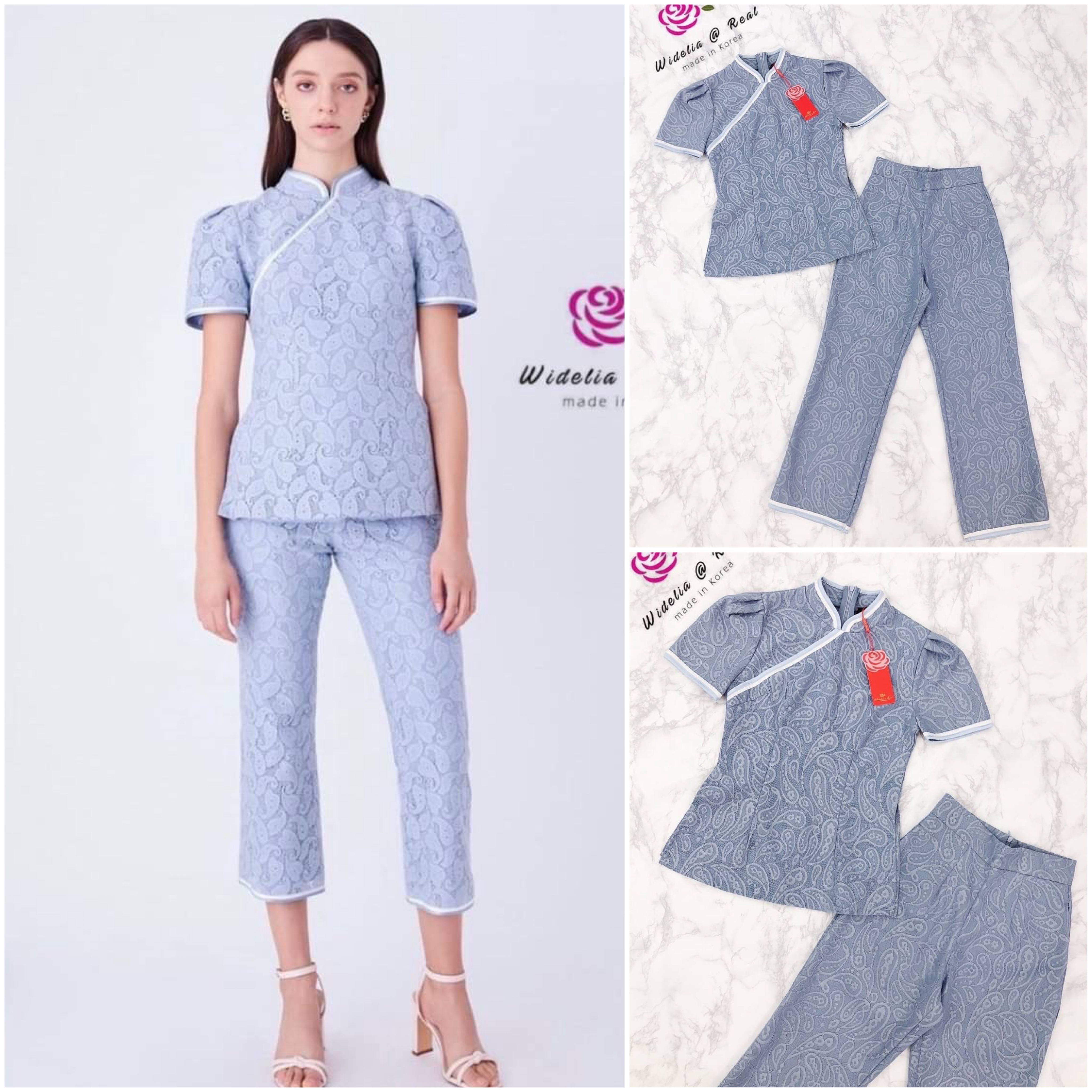 Set เซ็ทเสื้อกี่เพ้ากับกางเกง เรียบหรู เนื้อผ้าลูกไม้สั่งทำพิเศษลวดลายสวยเป๊ะไม่ซ้ำใคร สินค้าคุณภาพ (พร้อมส่ง)