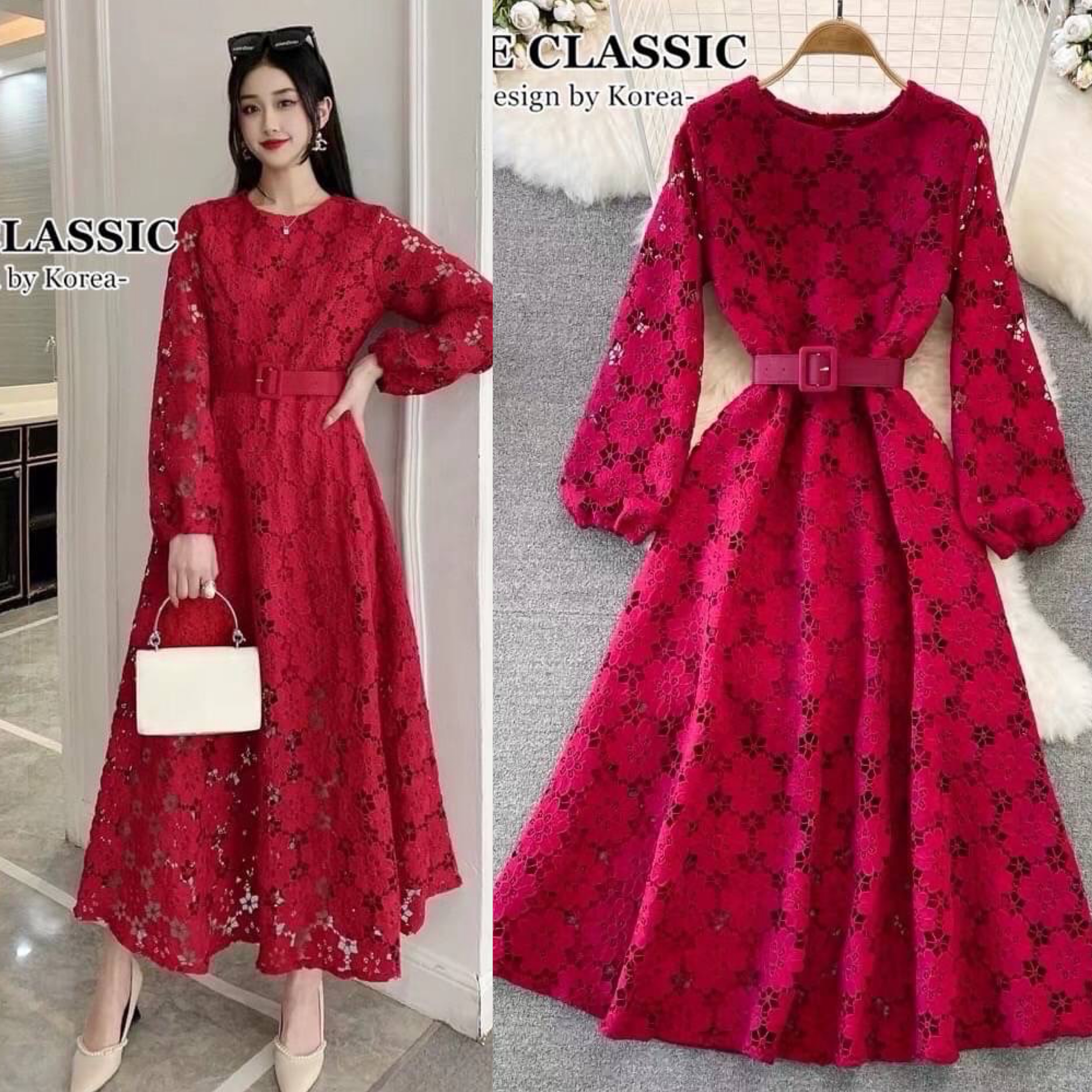 เดรสลูกไม้แขนยาว+เข็มขัด : สินค้าคุณภาพ (พร้อมส่ง)