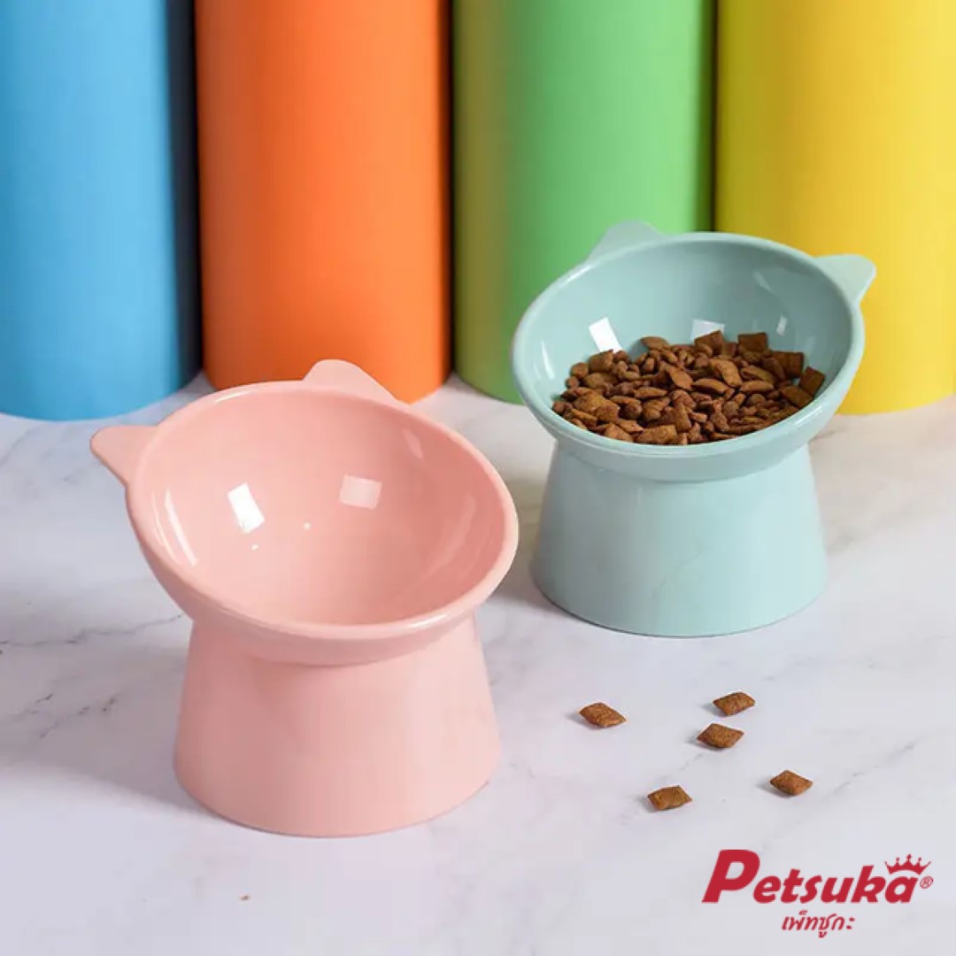 ชามอาหารสัตว์เลี้ยง Petsuka สำหรับสุนัขและแมว ดีไซน์โมเดิร์นรูปแมว สีชมพู
