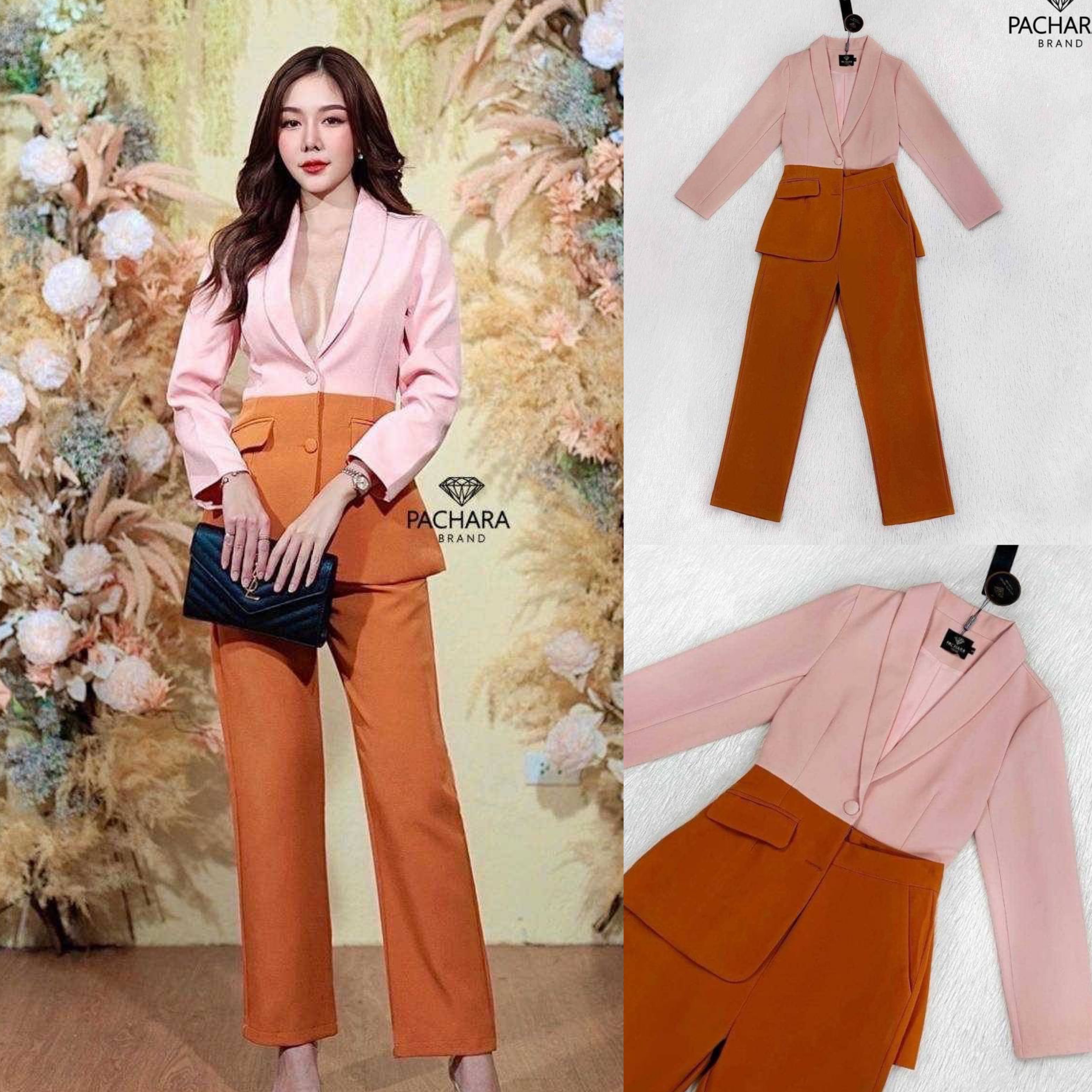 เซ็ต 2 ชิ้น เสื้อสูทแขนยาวสีชมพูนู้ด แต่งกระเป๋าด้านหน้า ชายเสื้อตัดต่อผ้าสีอิฐสวยมาก แมทช์คู่กับกางเกงขายาวเอวสูง สินค้าคุณภาพ (พร้อมส่ง)