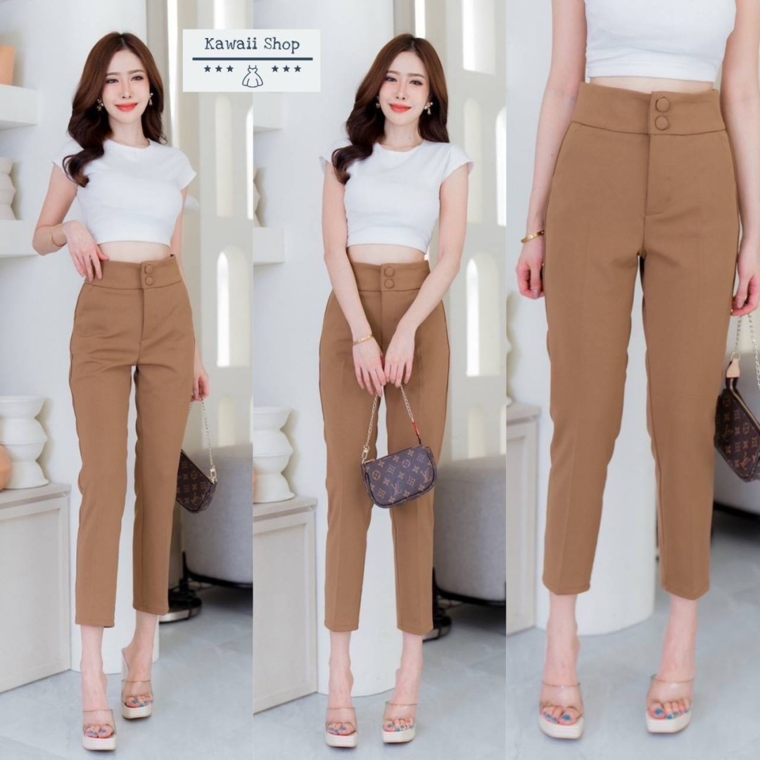 กางเกงขายาว8ส่วน ติดกระดุมปั๊ม2เม็ด ซิปหน้า มีกระเป๋าข้าง ผ้าโรเชฟ ยืดหยุ่น ใส่สบาย : สินค้าคุณภาพ (พร้อมส่ง)