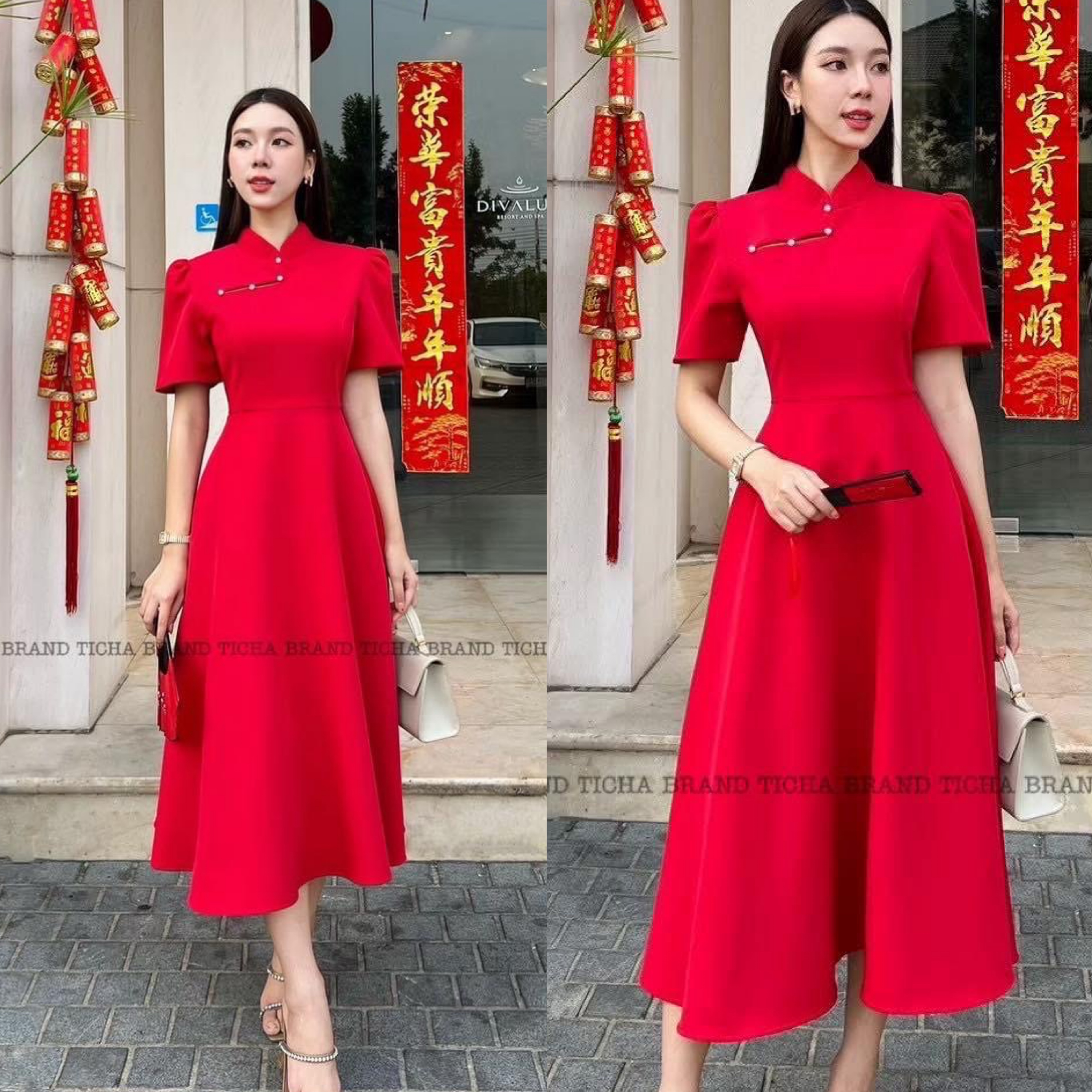 เดรสยาวแขนสั้นสีแดงดีไซน์คอจีนโค้งเว้ากี่เพ้า เย็บติดมุก มีเข็มกลัดโบว์ใหญ่ใ ใส่สบาย : สินค้าคุณภาพ (พร้อมส่ง)
