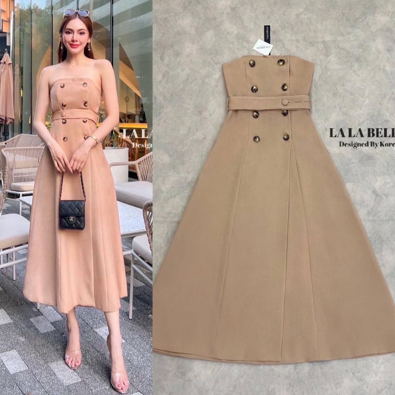 แม็กซี่เดรสผ้าสูทอัดกาวอย่างดีผ้าดีมากๆทรงเกาะอกติดกระดุมหน้าทรงปลายหน้ามีสายติดกระดุมเอวหรือเอามาผูกโบว์ได้ ไม่ต้องกลัวหลุด สินค้าคุณภาพ (พร้อมส่ง)