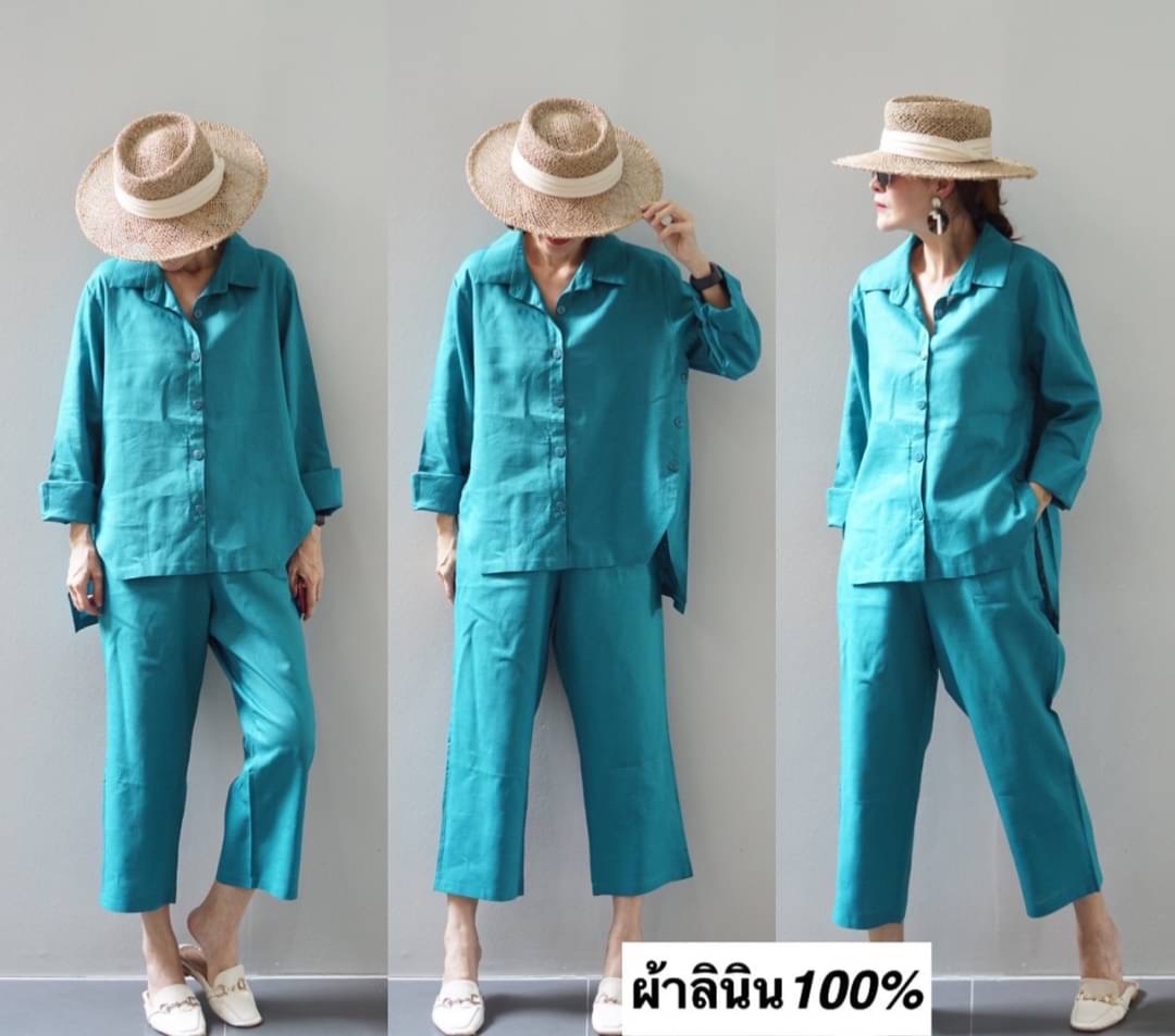 ชุดเซ็ตผ้าลินินแท้💯 เสื้อเชิ้ตแขนยาวหน้าสั้นหลังยาว กางเกง8 ส่วน ซิปหน้า สม็อคหลัง มีซับในทุกสี มีกระเป๋าข้าง 2 ข้าง สินค้าคุณภาพ (พร้อมส่ง)