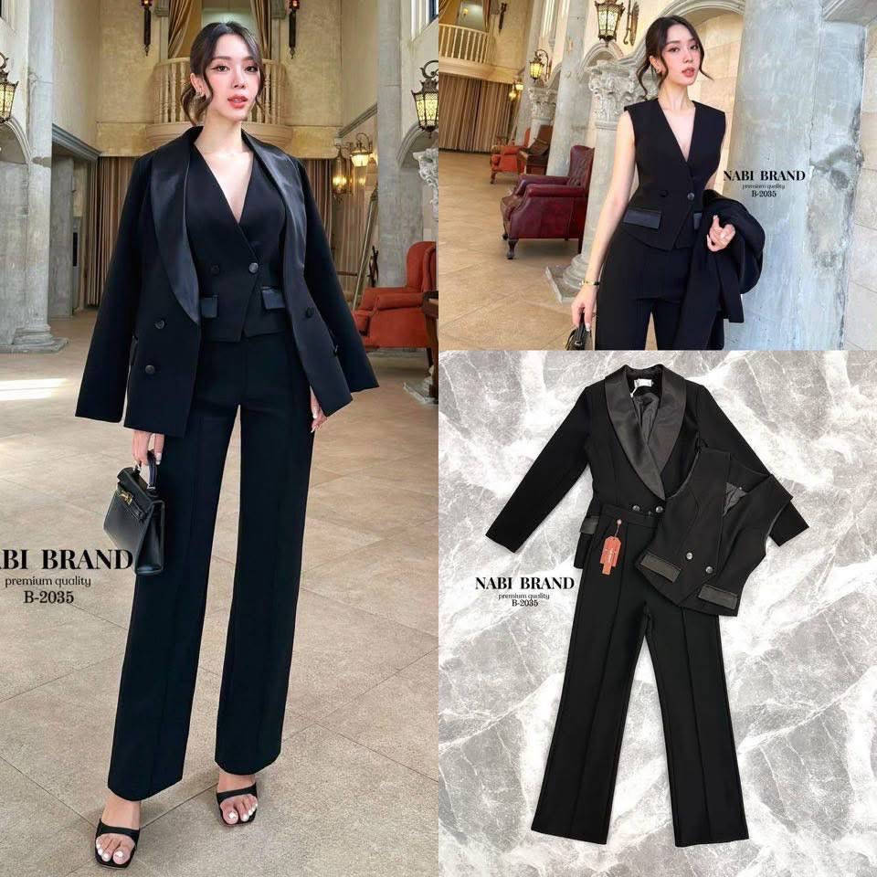 Set 3 ชิ้น เสื้อสูทแขนยาว+เสื้อกั๊ก+กางเกงขายาว ผ้าดีงาม สีดำแบบทางการ ิ ใส่สบาย : สินค้าคุณภาพ (พร้อมส่ง)