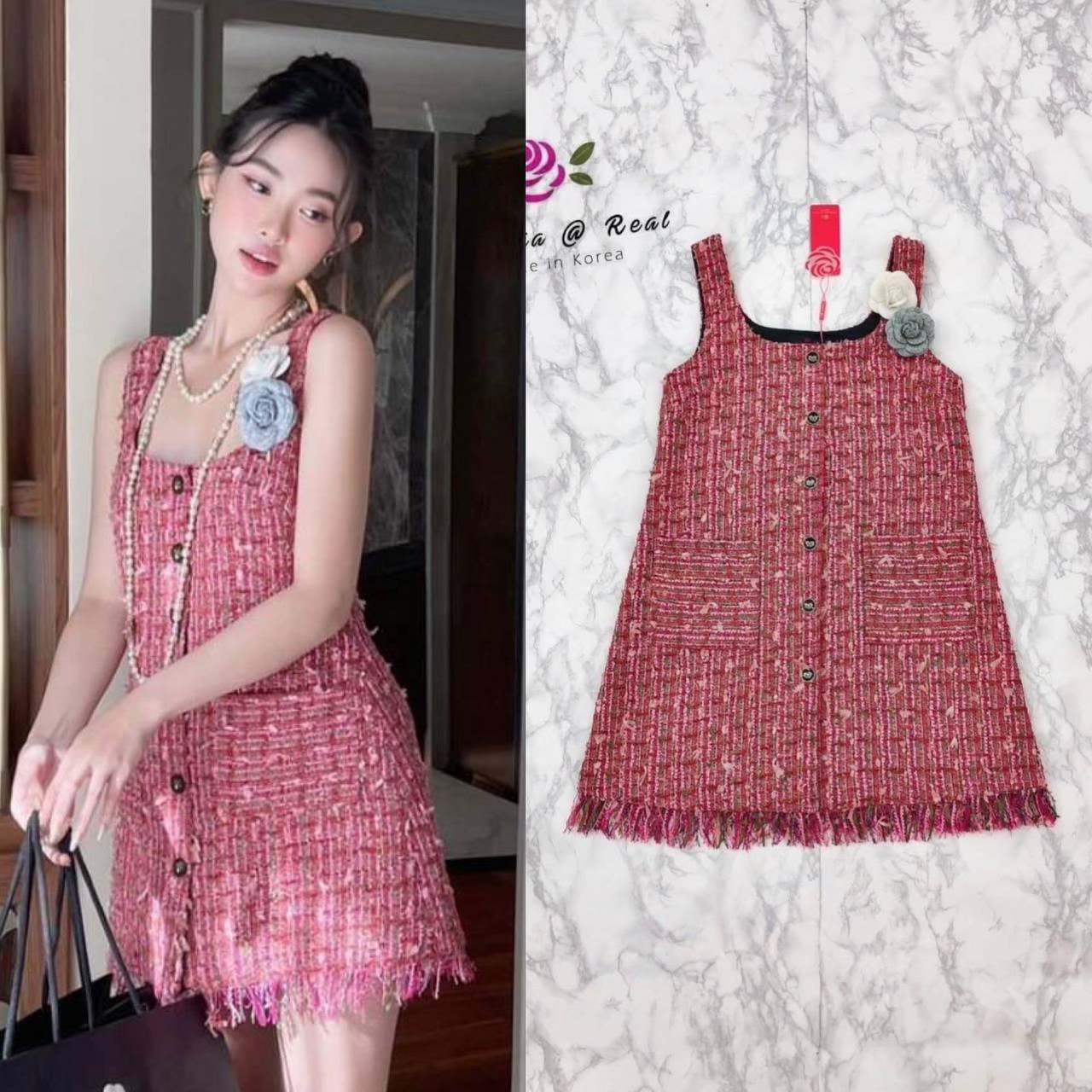 เดรสสั้นตัวสวยทรงเก๋น่ารัก เนื้อผ้าทอทวิตสีสวยสดใส ใส่สบาย สินค้าคุณภาพ (พร้อมส่ง)