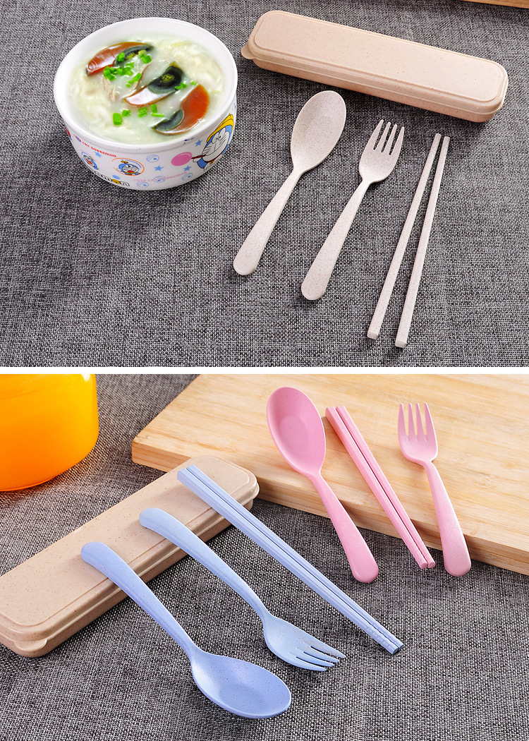 ชุดช้อนส้อมพกพา ชุดช้อนแบบพกพา ช้อนส้อมแคมป์ปิ้ง ในกล่องเก็บ ฟางข้าวสาลี BPA-Free ปลอดสารพิษ ฟรี ตะเกียบ 1 คู่