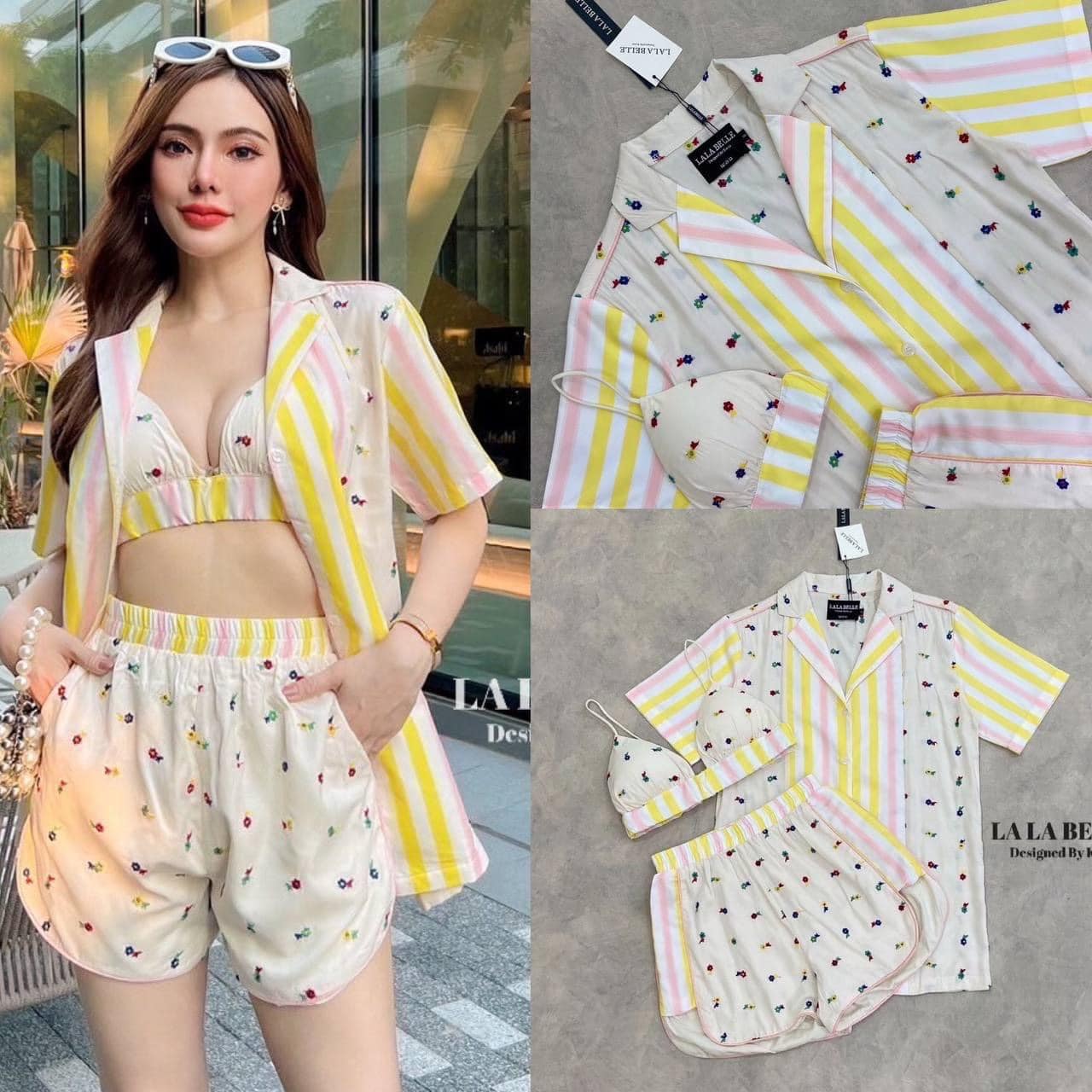 เซต3ชิ้น งานปักแน่น บราวายเดี่ยวอกเสริมฟองน้ำใส่คู่กางเกงขาสั้น+เสื้อคลุมเชิ้ตแขนสั้นคอปกกระดุมหน้า มีซับใน ใส่สบาย สินค้าคุณภาพ (พร้อมส่ง)