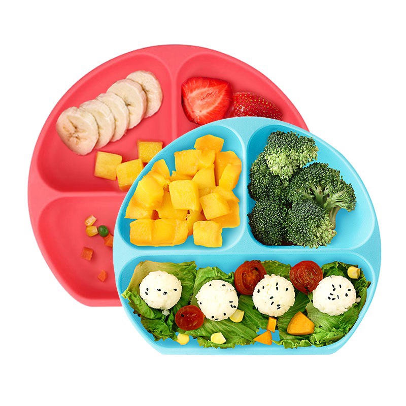 NanaBaby จานก้นดูดซิลิโคน จานหลุมเด็กซิลิโคน จานดูดเด็ก 3 ช่อง มีฝาปิด+หลอดดูด BPA-Free