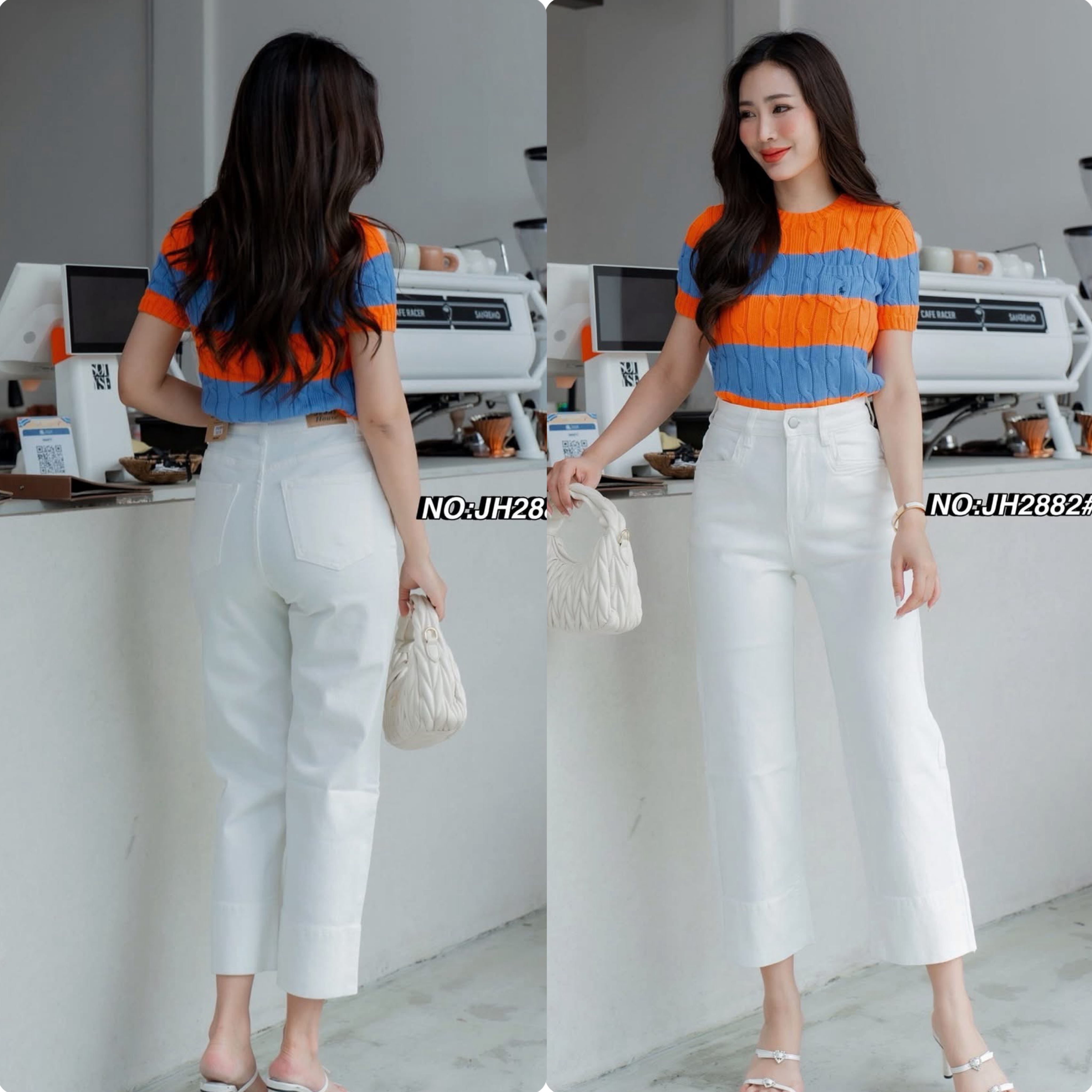 กางเกงยีนส์สีขาวขา8ส่วน ทรงมาใหม่คะ ทรงนี้ปีนี้มาแรงมากค่ะ ทรงเรียบๆ ปลายขาเย็บ ปลายขากว้าง เก๋มากๆ เอวสูง ใส่ดูเพรียวมาก(ผ้ายืด) ใส่สบาย : สินค้าคุณภาพ (พร้อมส่ง)