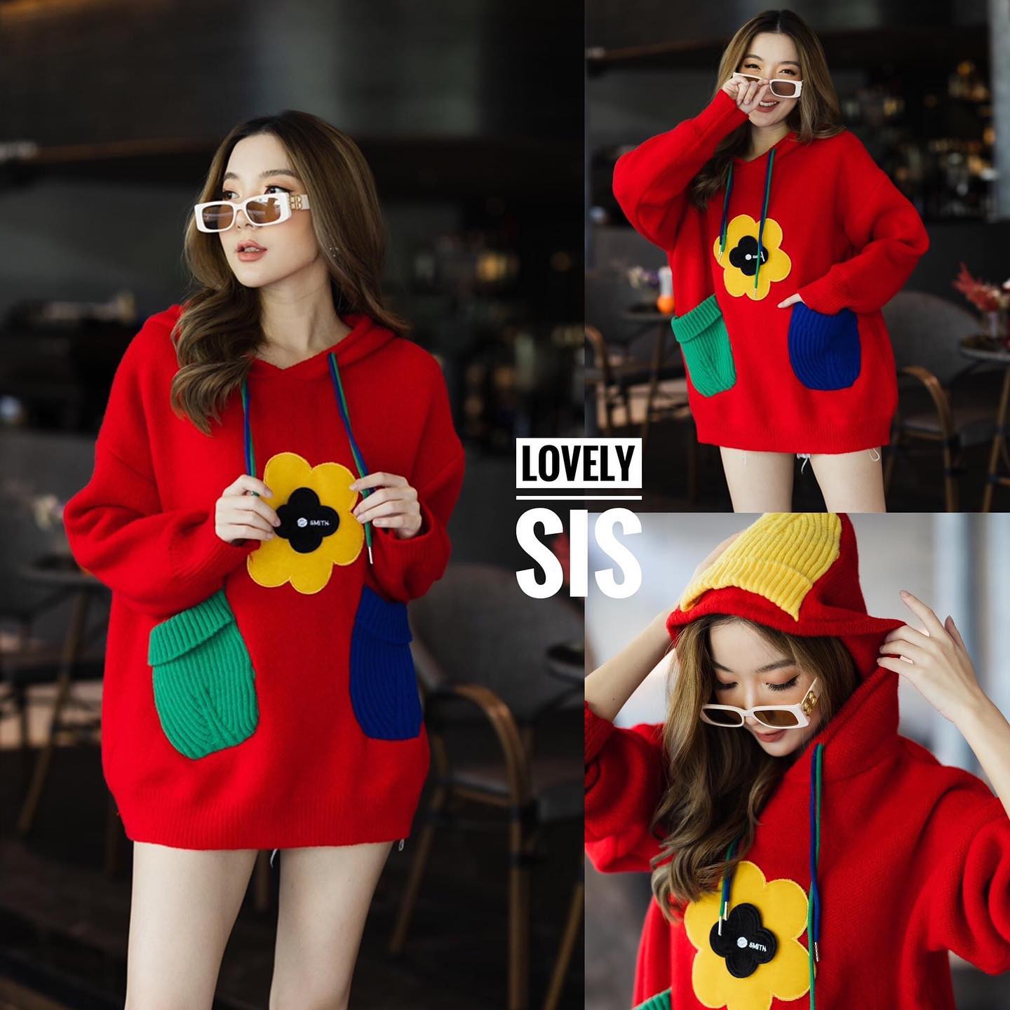 เสื้อไหมพรมแต่งฮู้ด มีดีเทลดอกไม้ 3D แต่งกระเป๋าสลับสี งานสวยผ้าทอเนื้อแน่น เกรดอย่างดี : สินค้าคุณภาพ (พร้อมส่ง)