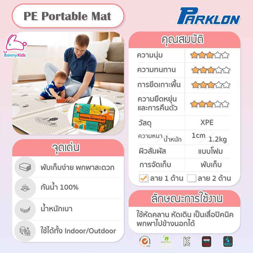 PARKLON (ปาร์คลอน) แผ่นรองคลานเกาหลี รุ่นPE Portable Mat พับพกพาได้ เกรดพรีเมี่ยม ขนาด 140x200 หนา 1.0cm