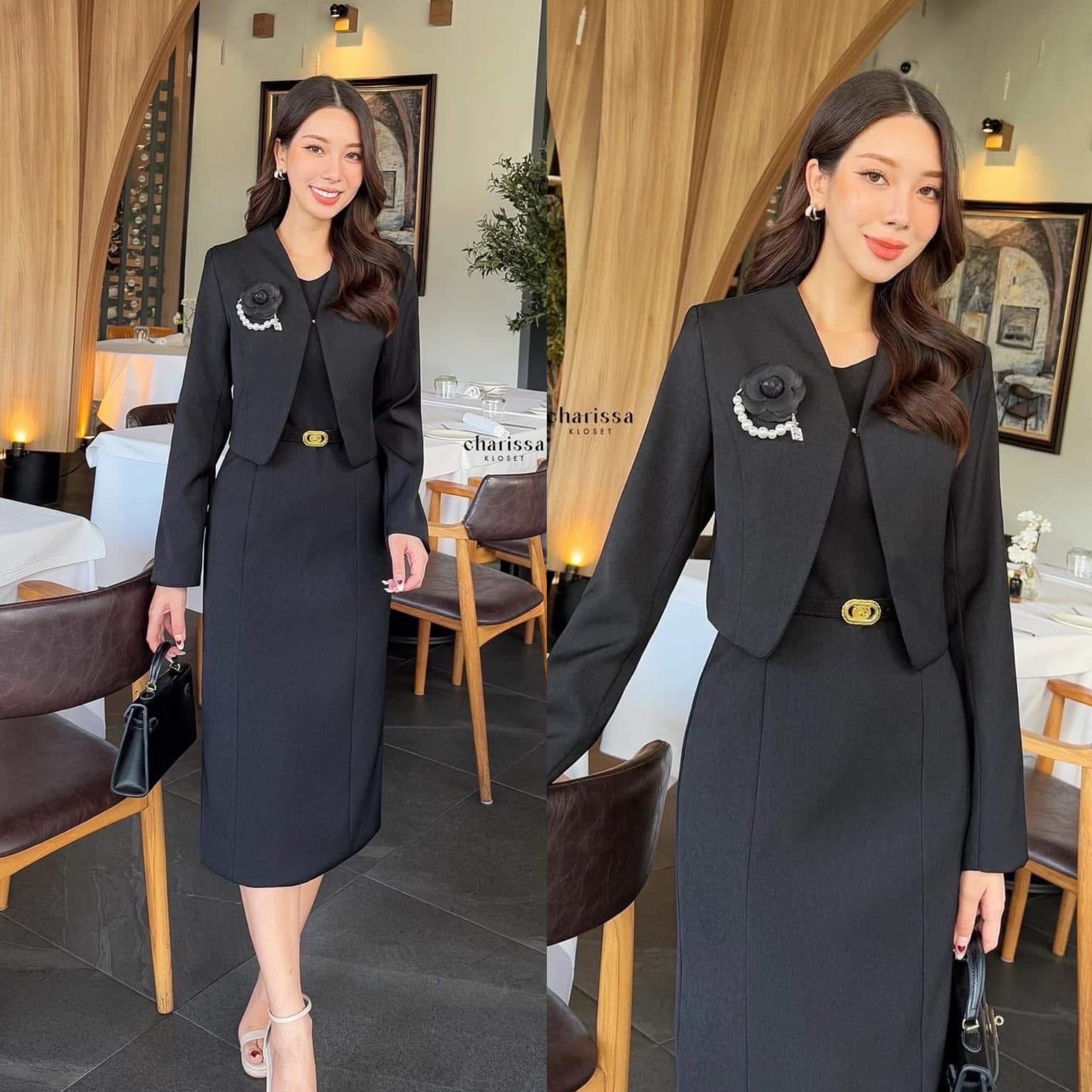 Set 4 ชิ้น เดรส เสื้อคลุม เข็มกลัด และเข็มขัด เดรสทรงสอบมาพร้อมเสื้อครอป เข็มขัด แถมฟรีเข็มกลัดดอกไม้ ใส่สบาย : สินค้าคุณภาพ (พร้อมส่ง)