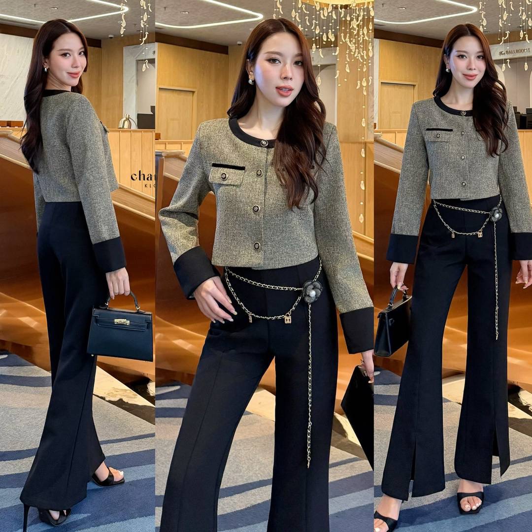 เซ็ท 4 ชิ้น: เสื้อทวิต+กางเกง+เข็มขัด+เข็มกลัดดอกไม้ ใส่สบาย : สินค้าคุณภาพ (พร้อมส่ง)