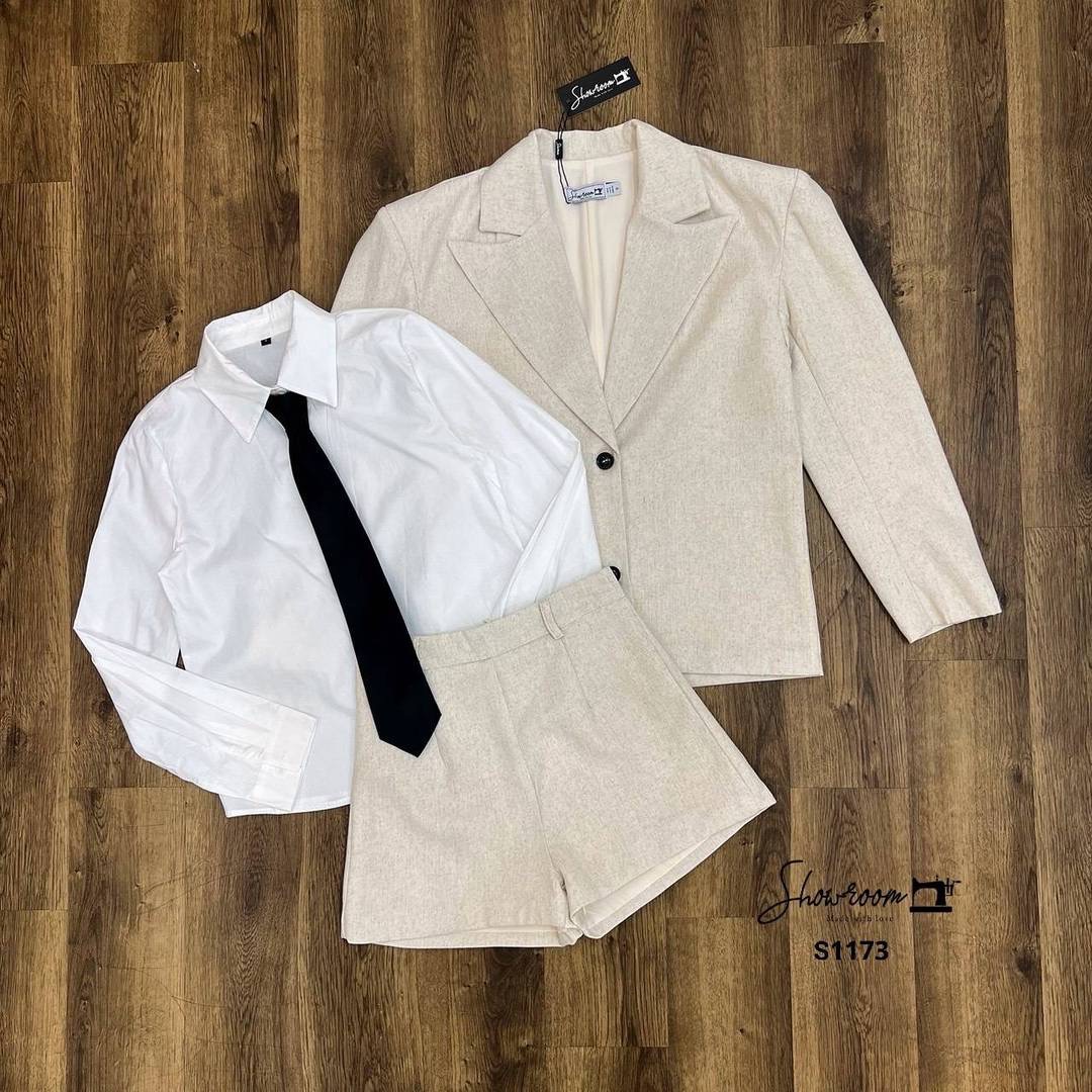 เซ็ต 4 ชิ้น เสื้อเชิ้ต เสื้อสูท กางเกงขาสั้น เนคไท ใส่สบาย : สินค้าคุณภาพ (พร้อมส่ง)