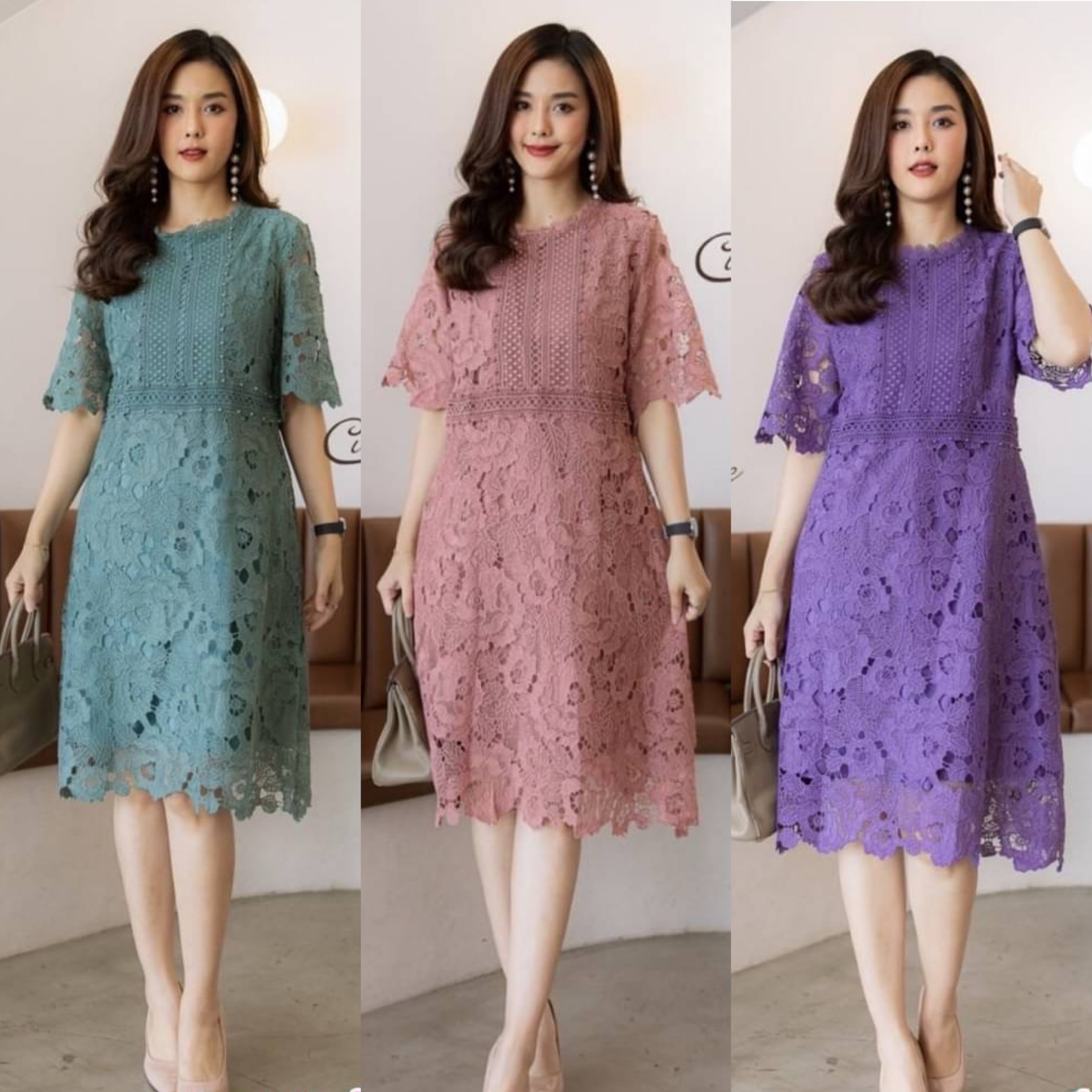 เดรสลูกไม้ มีซิบซ่อนหลัง ใช้ลูกไม้คนละลาย วางตัดกันได้อย่างลงตัว ตอกมุกสีเดียวกับชุด มีซับในทั้งตัว ใส่สบาย : สินค้าคุณภาพ (พร้อมส่ง)