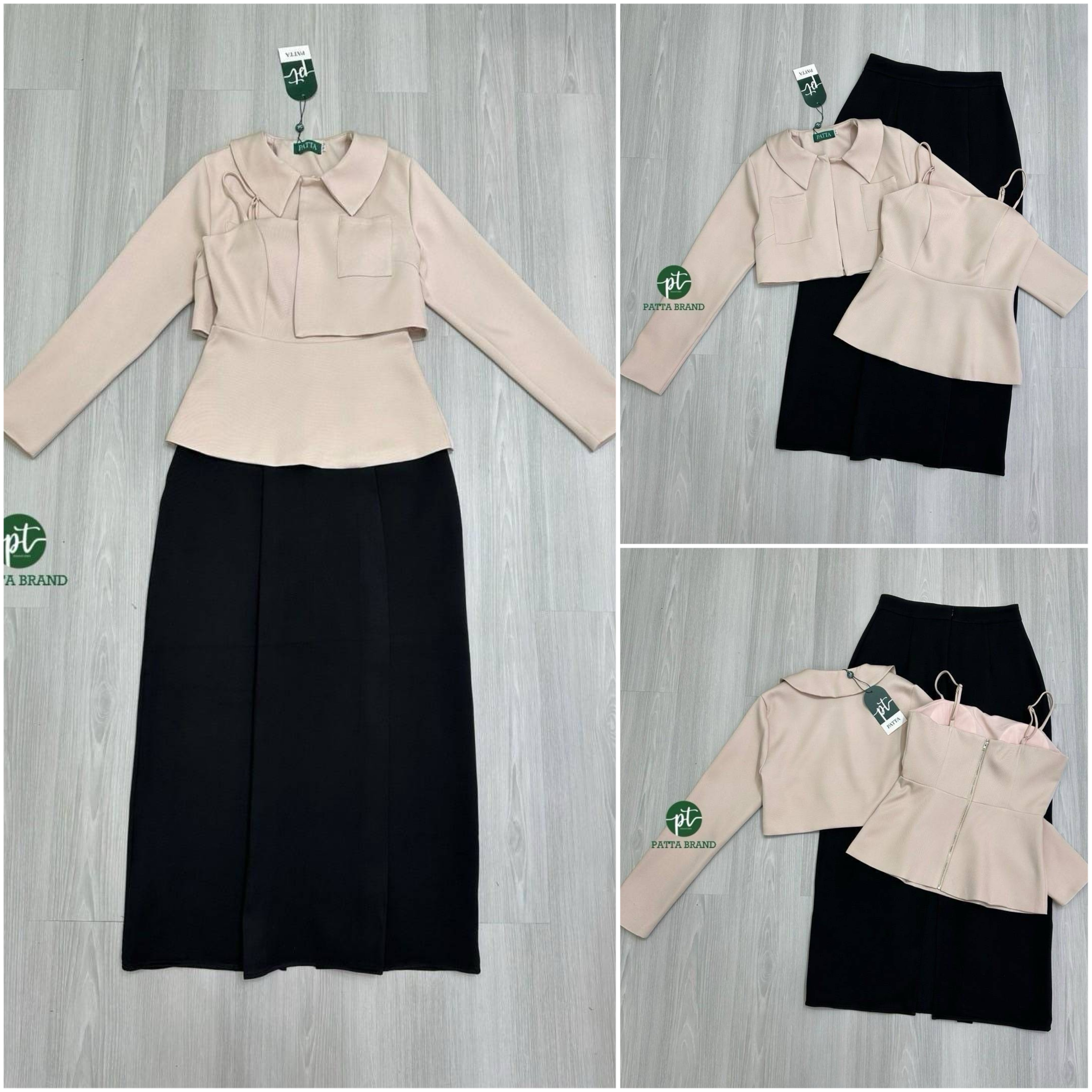 เซต3ชิ้น เสื้อคลุมสีครีมแขนยาว ตัวสั้นมีกระเป๋าหน้า(ไม่มีกระดุม) มาคู่กับเสื้อสาย เดี่ยวตัวในดีไซน์สวยอกเสริมฟองน้ำให้ทรงสวย (มีซิปหลัง) มาพร้อมกับกระโปรงยาวทรงสอบ สีดำด้านหน้าเย็บพับจับจีบและดีเทลผ่าหลัง ใส่สบาย : สินค้าคุณภาพ (พร้อมส่ง)