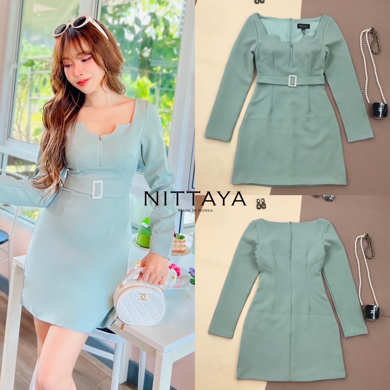 เดรสคอเหลี่ยมแขนยาว ตรงอกซิปรูดได้จริง เข็มขัดเป็นเข็มขัดติดกับชุดเลย เรียบหรู สินค้าคุณภาพ (พร้อมส่ง)