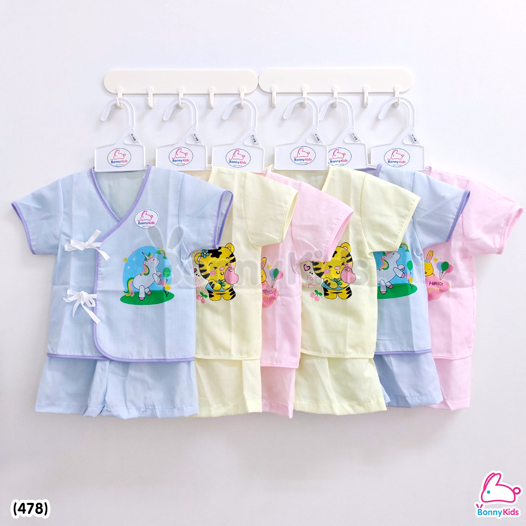 (478) ชุดเด็กแรกเกิดผูกหน้าผ้าป่าน (พื้นสี) แพ็ค 6 ชุด