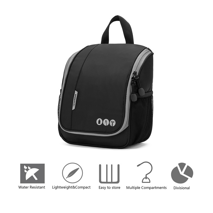Bagsmart กระเป๋าใส่อุปกรณ์อาบน้ำ คุณภาพสูง ใส่อุปกรณ์อาบน้ำ แขวนได้ มีช่องใส่ด้านข้างสองด้าน สำหรับเดินทาง ท่องเที่ยว (Black-Grey)