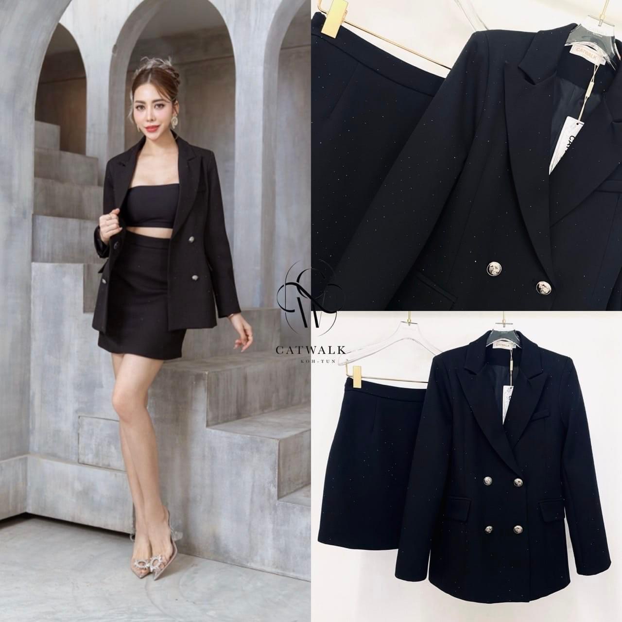 เซตัวสูท แต่งเพชร+กระโปรง เนื้อผ้าเกรดเอ เนื้อผ้ามีเพชร เม็ดเล็กทั้งตัว ใส่สบาย สินค้าคุณภาพ (พร้อมส่ง)