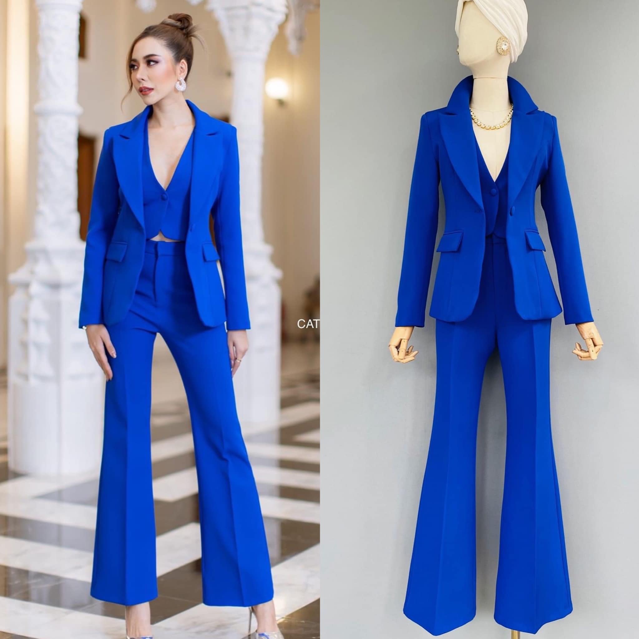 ชุด BLAZER 3ชิ้น BLAZERเป็นทรงเข้ารูป มาพร้อมกับเสื้อกั๊กครอปแขนกุด ทรงเข้ารูปคอวี มาคู่กับกางเกงทรงขาบาน งานผ้าเกรดเอ ใส่สบาย . สินค้าคุณภาพ (พร้อมส่ง).