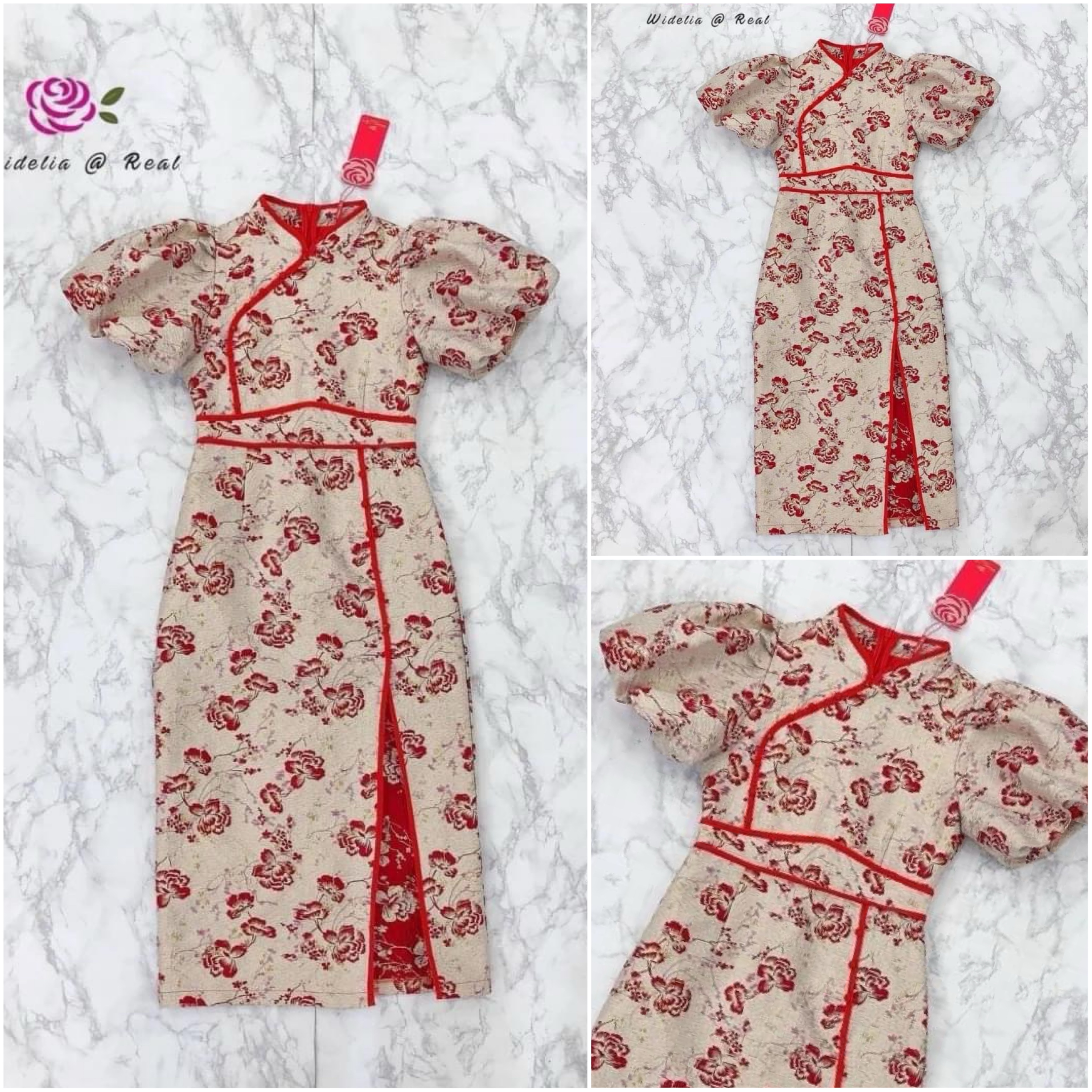 Dress เดรสกี่เพ้าแสนสวย ตัวกี่เพ้าแขนพอง กุ๊นขอบแดงอย่างดี ชายเดรสผ่าข้าง ใส่สบาย สินค้าคุณภาพ (พร้อมส่ง)