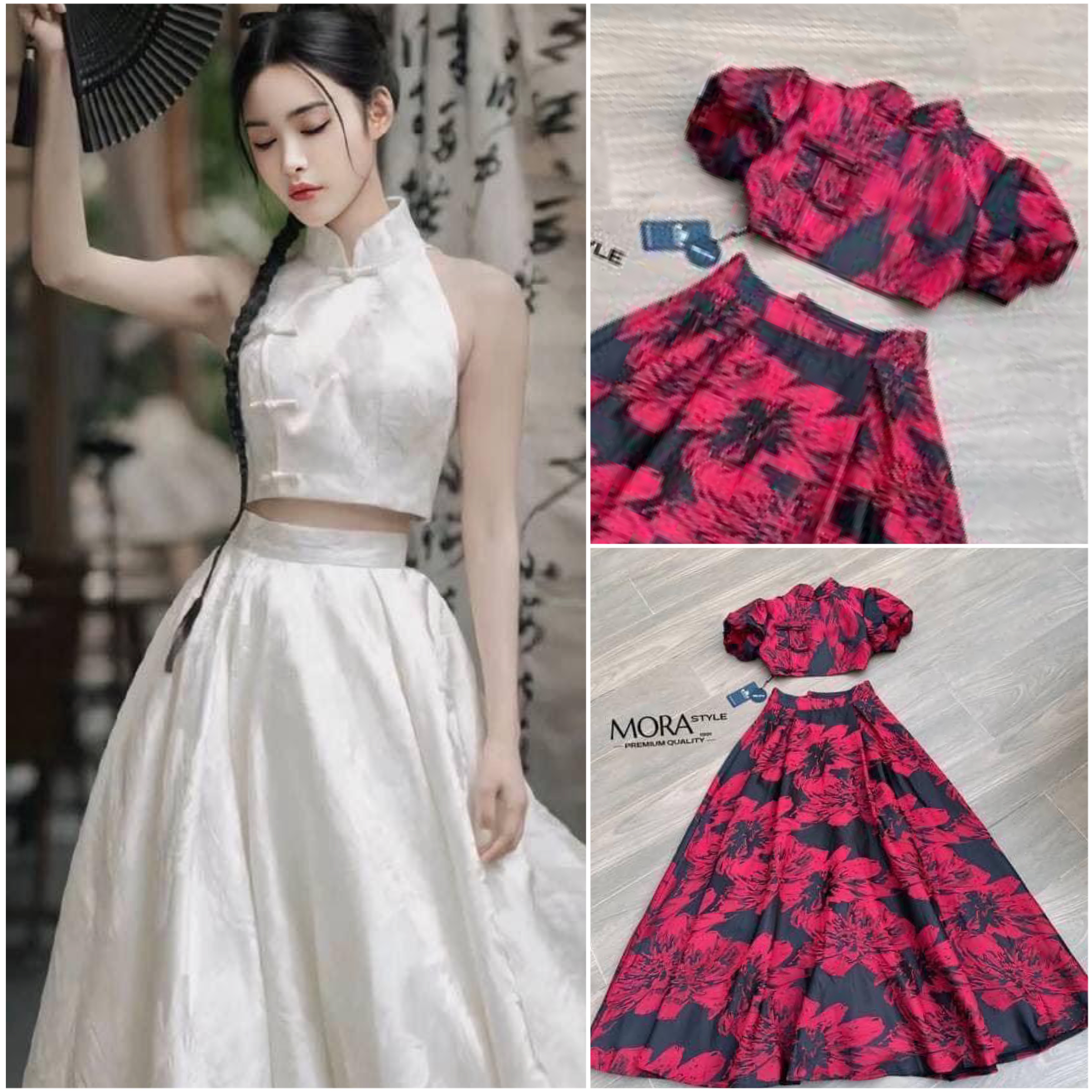 เซ็ตกี่เพ้า 2 ชิ้น เสื้อแขนจั้มตุ๊กตา ด้านหลังโชว์แซปๆพร้อมเชือกผูกโบว์ มาพร้อมกับกระโปรงยาวผ้าหนาหนัก อลังการ ใส่สบาย : สินค้าคุณภาพ (พร้อมส่ง)