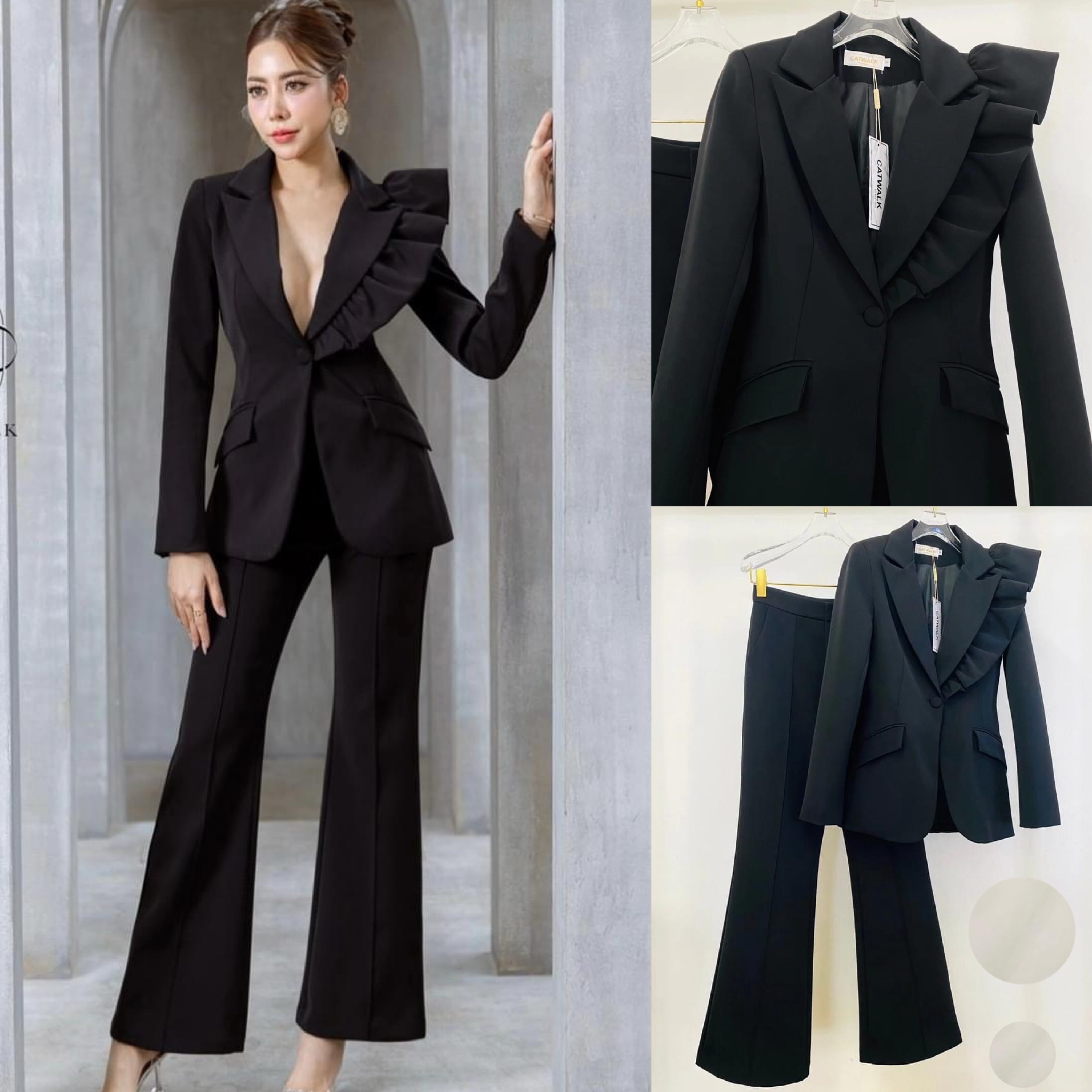 Setสูทแต่งระบายไหล่ข้างเดียว+กางเกงขายาว ทรงสวย ใส่สบาย สินค้าคุณภาพ (พร้อมส่ง)