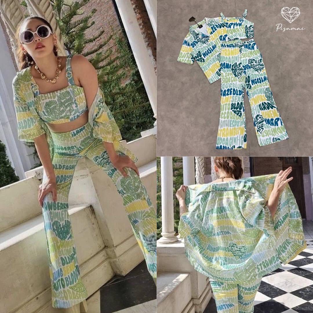 เซ็ต 3 ชิิ้น เสื้อคอปสายเดี่ยวมาในลายอักษร สีเขียวคู่กับกางเกงขายาวและเชิ้ตคลุม แขนสั้นเข้าเซ็ต คุ้มมากๆค่า ใส่เข้าเซ็ต : สินค้าคุณภาพ (พร้อมส่ง)