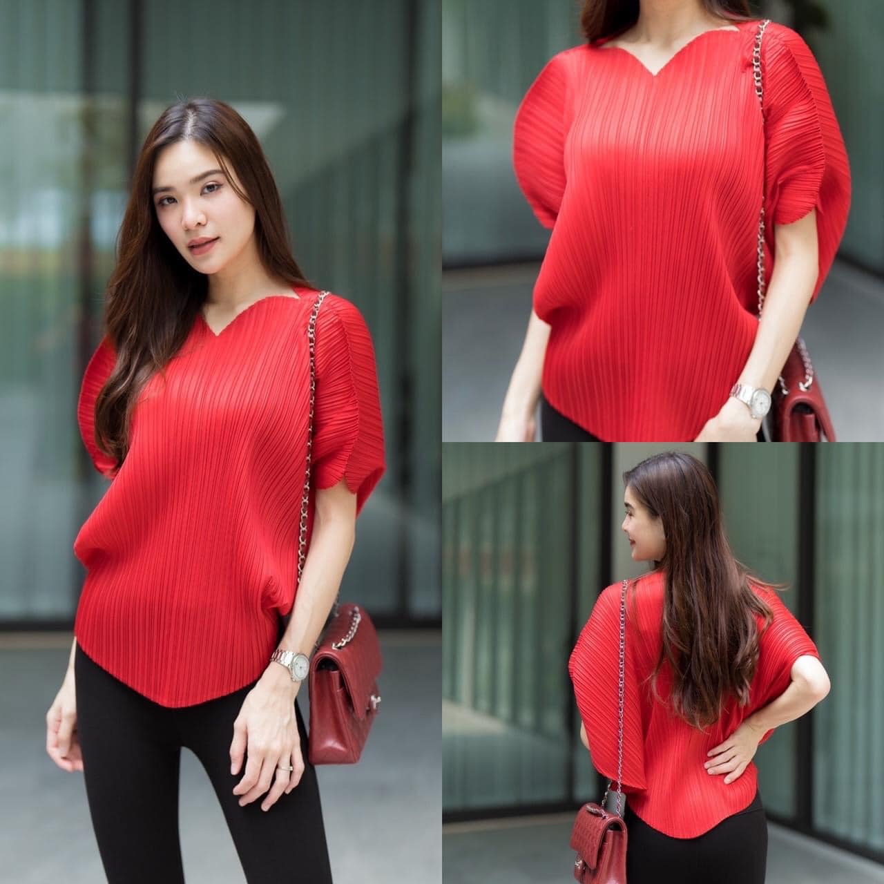 เสื้ออัดพลีทเนื้อดี แบบงานBrand ดีเทลเก๋มากๆ เสื้อแพตเทิร์น หัวใจ ❤️❤️❤️❤️❤️ ไหล่พองๆ น่ารัก : สินค้าคุณภาพ (พร้อมส่ง)