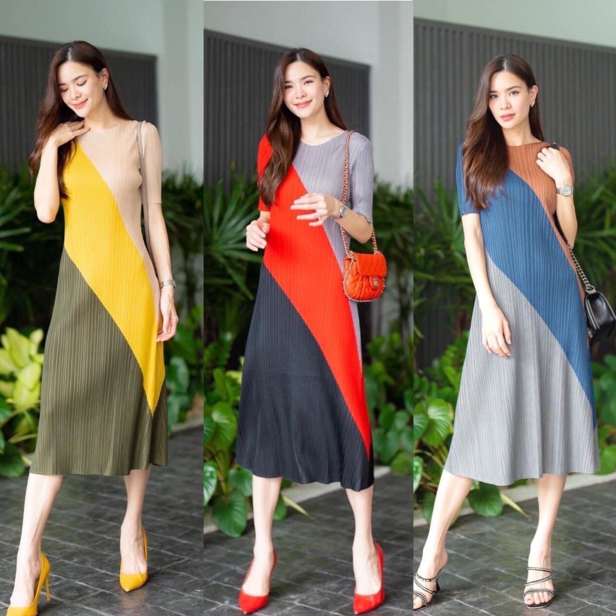 ชุดนี้แพตเทิร์น คอกลมแขนสั้น กระโปรงด้านหน้า ป้ายเฉลียงลง ตัดลายผ้าไล่เฉด 3 โทนสี😘 สวยแพง หรูหรา โดดเด่น สินค้าคุณภาพ (พร้อมส่ง)