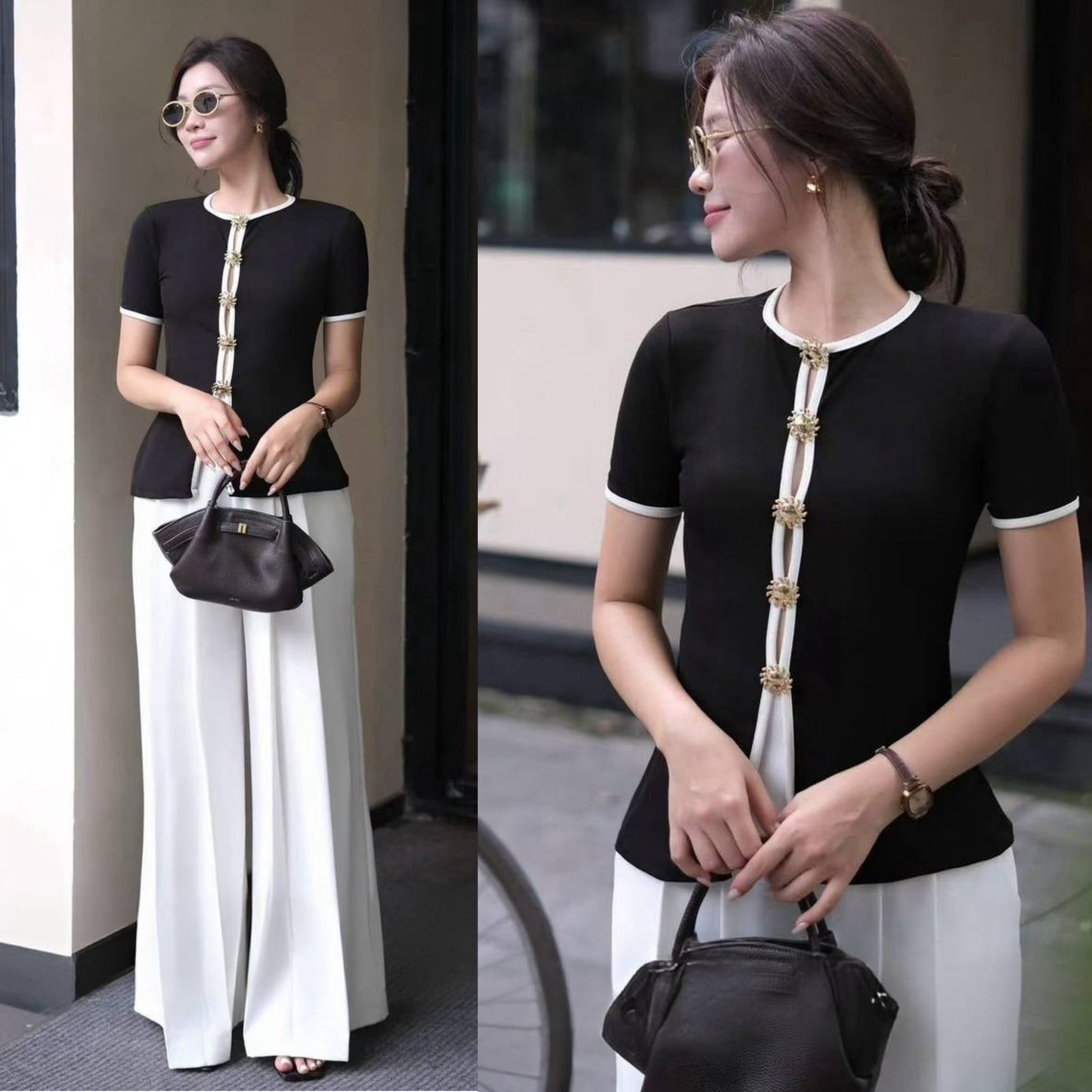 เขต2ชิ้น เสื้อแขนสั้นสีดำคอกลมแต่งกุ้นขอบคอ แขน และช่วงด้านหน้าของเสื้อ แต่งอ่ะไหล่สีทองด้านหน้าดีเทลเว้าอกดูเซ็กซี่สุดๆๆ ใส่แมทซ์กับกางเกงทรงขาบาน ใส่สบาย : สินค้าคุณภาพ (พร้อมส่ง)