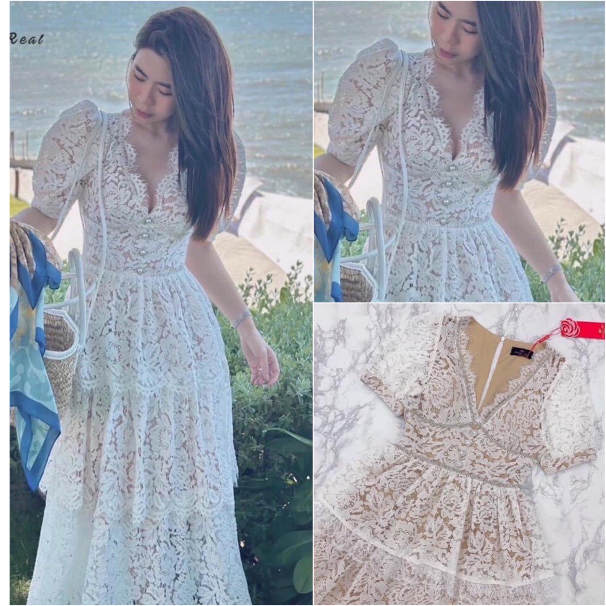 Maxi Dress แม็กซี่เดรสตัวยาวแสนสวย งานเจ้าหญิงก็มาแม่ เนื้อผ้าลูกไม้อย่างดี มาในโทน สีครีมแต่งขอบด้วยเพชร สินค้าคุณภาพ (พร้อมส่ง)