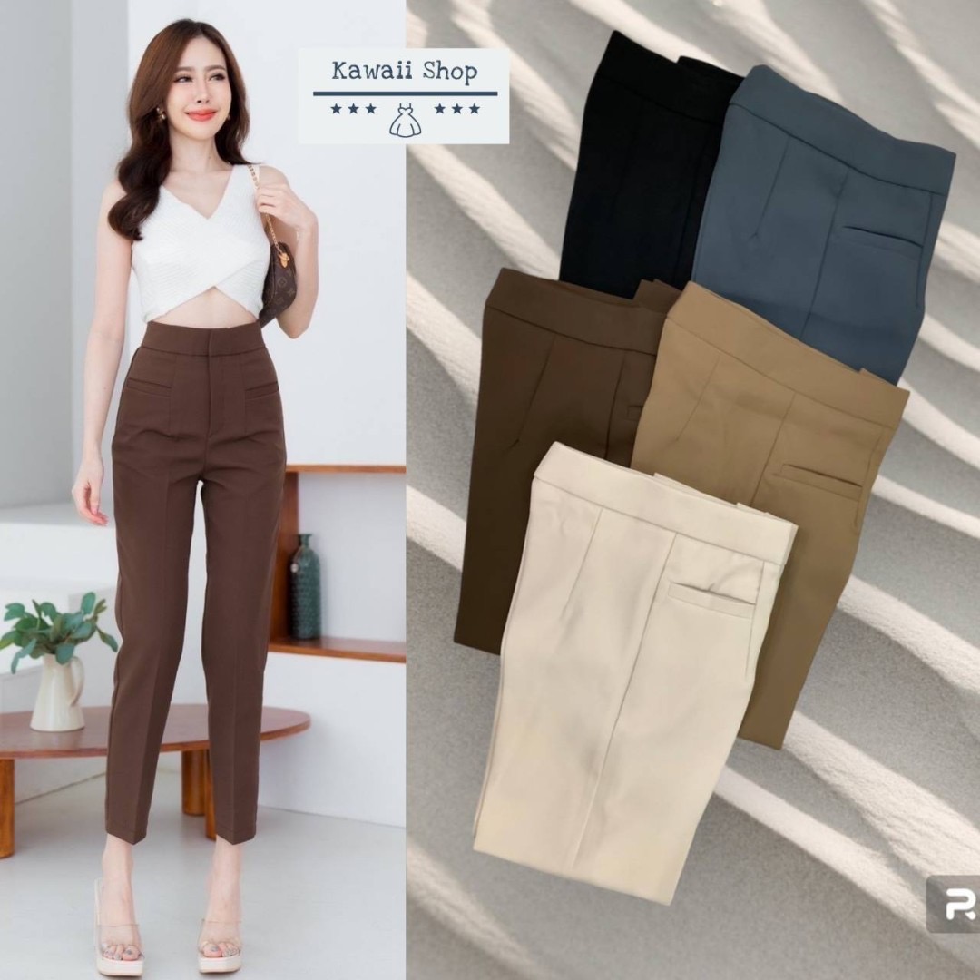 กางเกง9ส่วน ทรงขากระบอกเล็ก ดีเทลกระเป๋าเจาะ ติดตะขอ ซิปหน้า ผ้าไมโคร ใส่สบาย : สินค้าคุณภาพ (พร้อมส่ง)