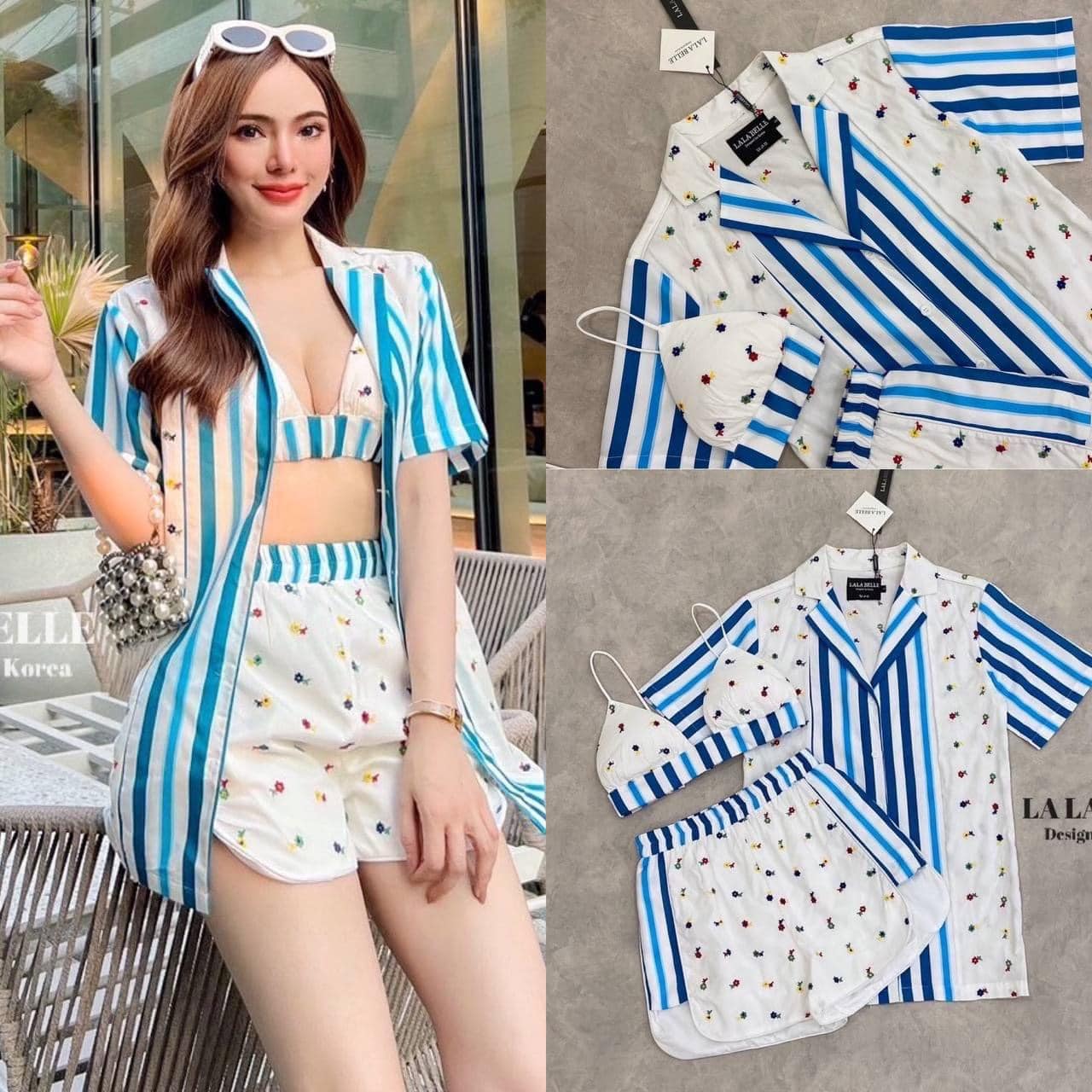 เซต3ชิ้น งานปักแน่น บราวายเดี่ยวอกเสริมฟองน้ำใส่คู่กางเกงขาสั้น+เสื้อคลุมเชิ้ตแขนสั้นคอปกกระดุมหน้า มีซับใน ใส่สบาย สินค้าคุณภาพ (พร้อมส่ง)