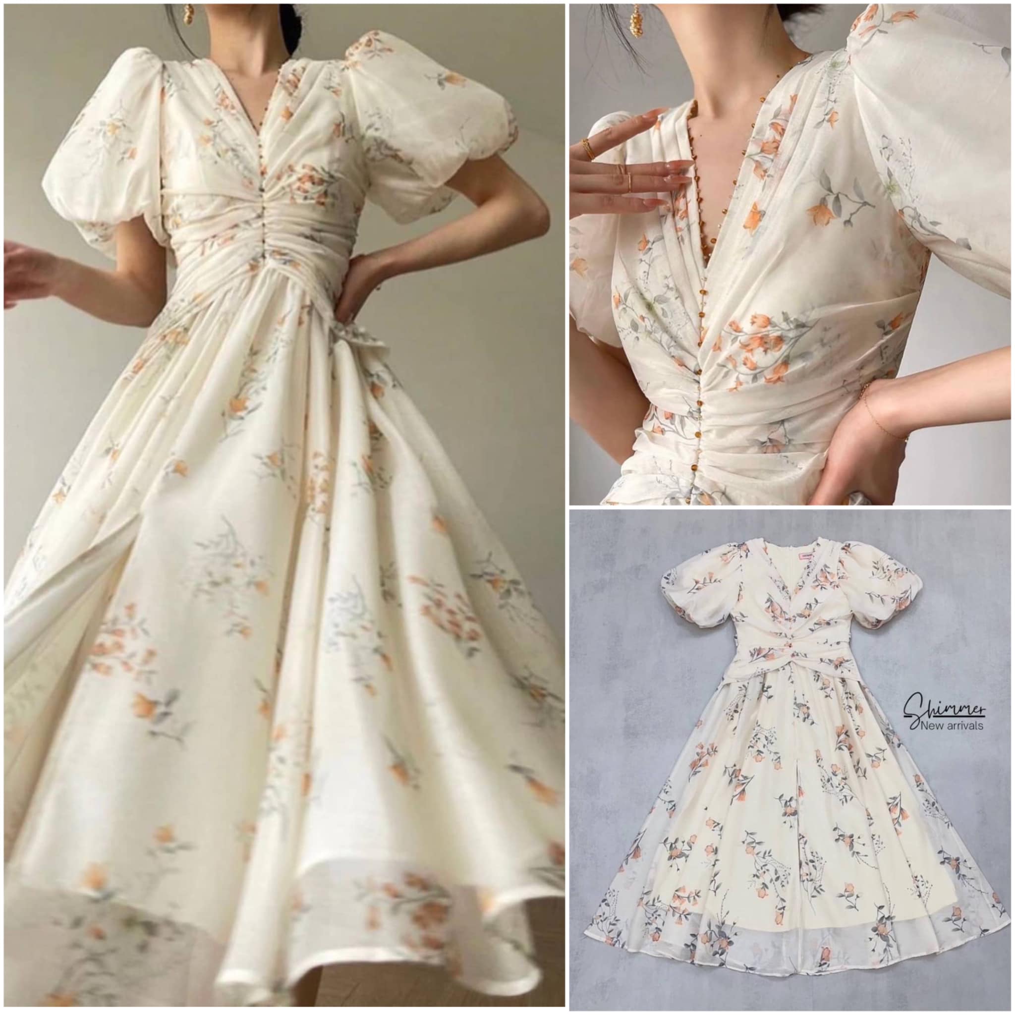 มิดี้เดรสลายดอกไม้พาสเทล แต่งคอด้วยลูกปัดดีเทลแน่นๆ สินค้าคุณภาพ (พร้อมส่ง)