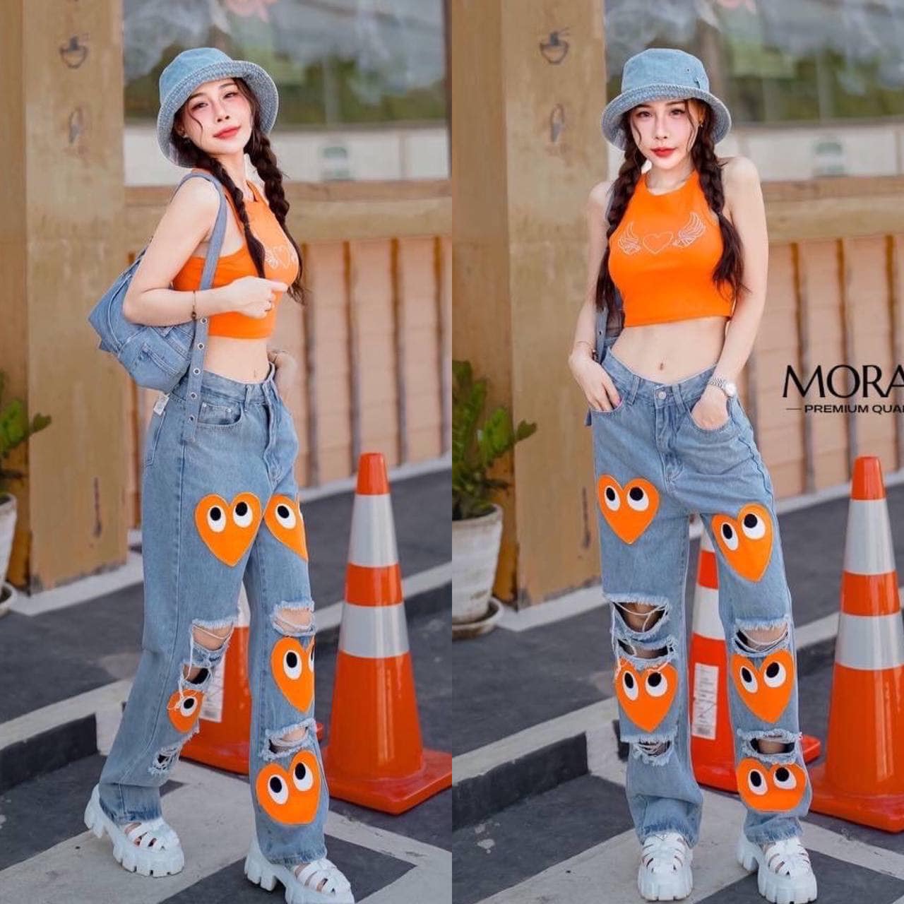 เซ็ต 2 ชิ้น เสื้อครอปแต่งลายหัวใจ มาพร้อมกับกางเกงวินเทจแต่งขาด ปะลายหัวใจ ใส่สบาย : สินค้าคุณภาพ (พร้อมส่ง)